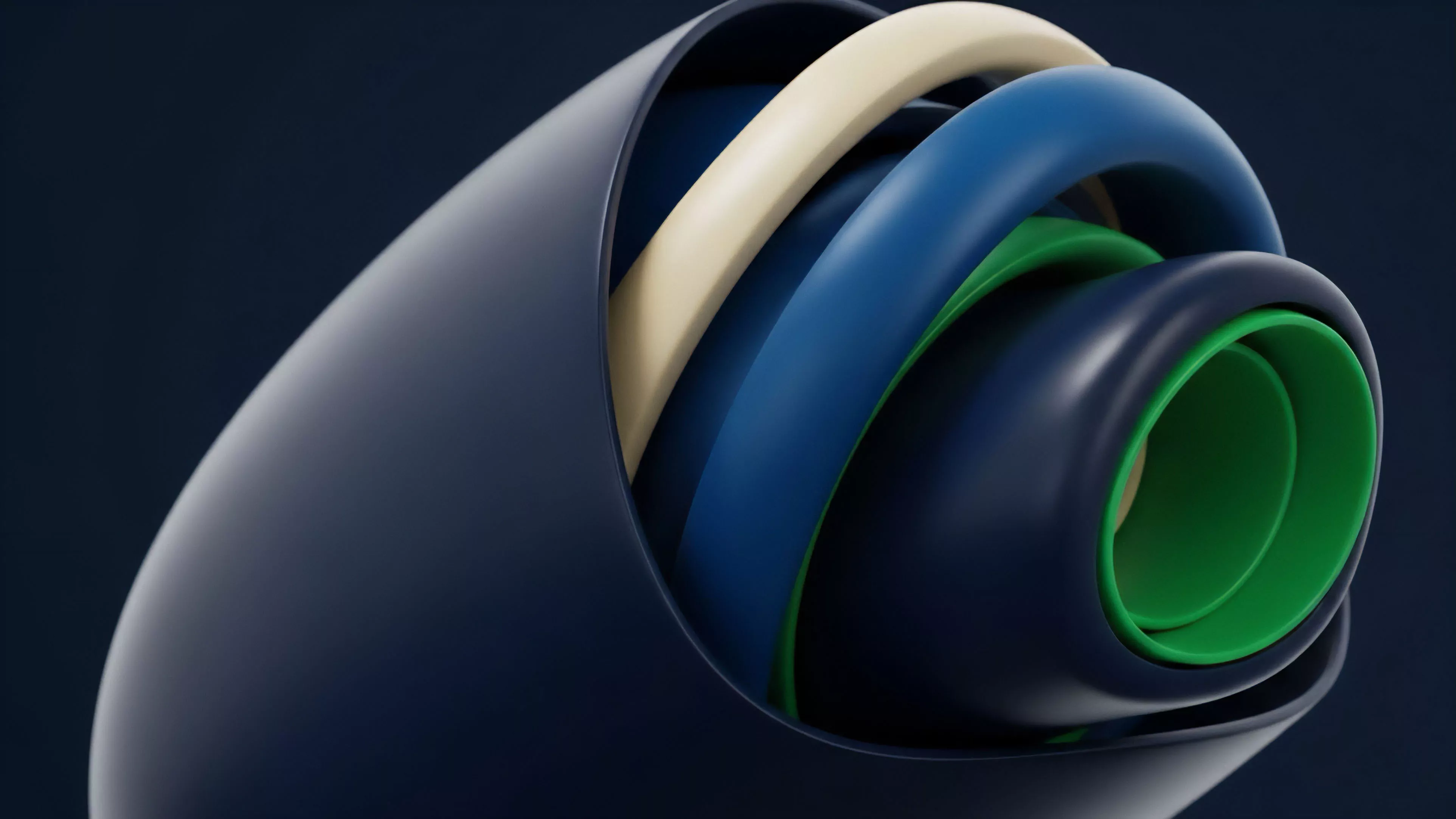 A cross-sectional view displays concentric cylindrical layers nested within one another, with a dark blue outer component partially enveloping the inner structures. The inner layers include a light beige form, various shades of blue, and a vibrant green core, suggesting depth and structural complexity