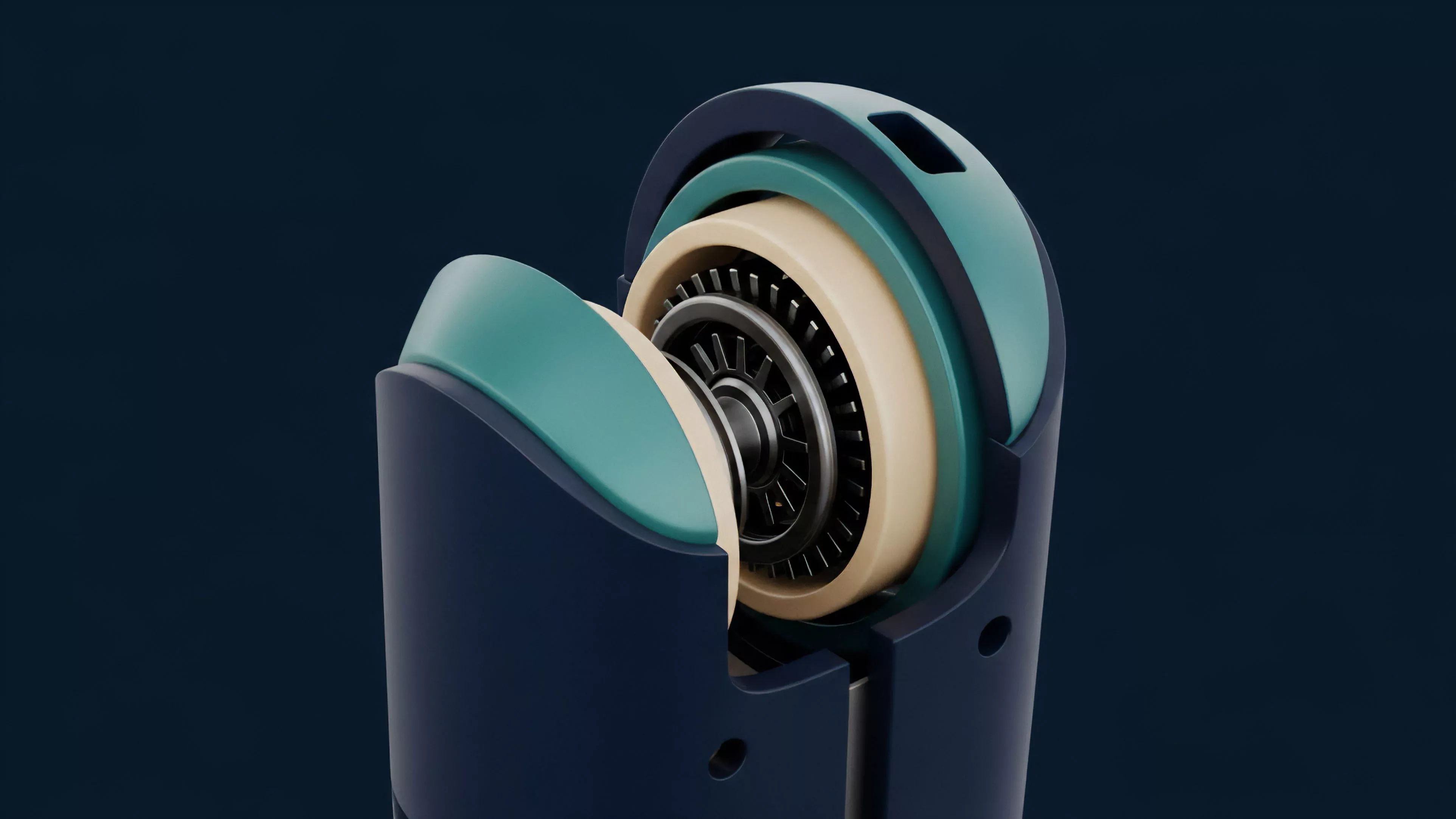 A detailed rendering presents a cutaway view of an intricate mechanical assembly, revealing layers of components within a dark blue housing. The internal structure includes teal and cream-colored layers surrounding a dark gray central gear or ratchet mechanism