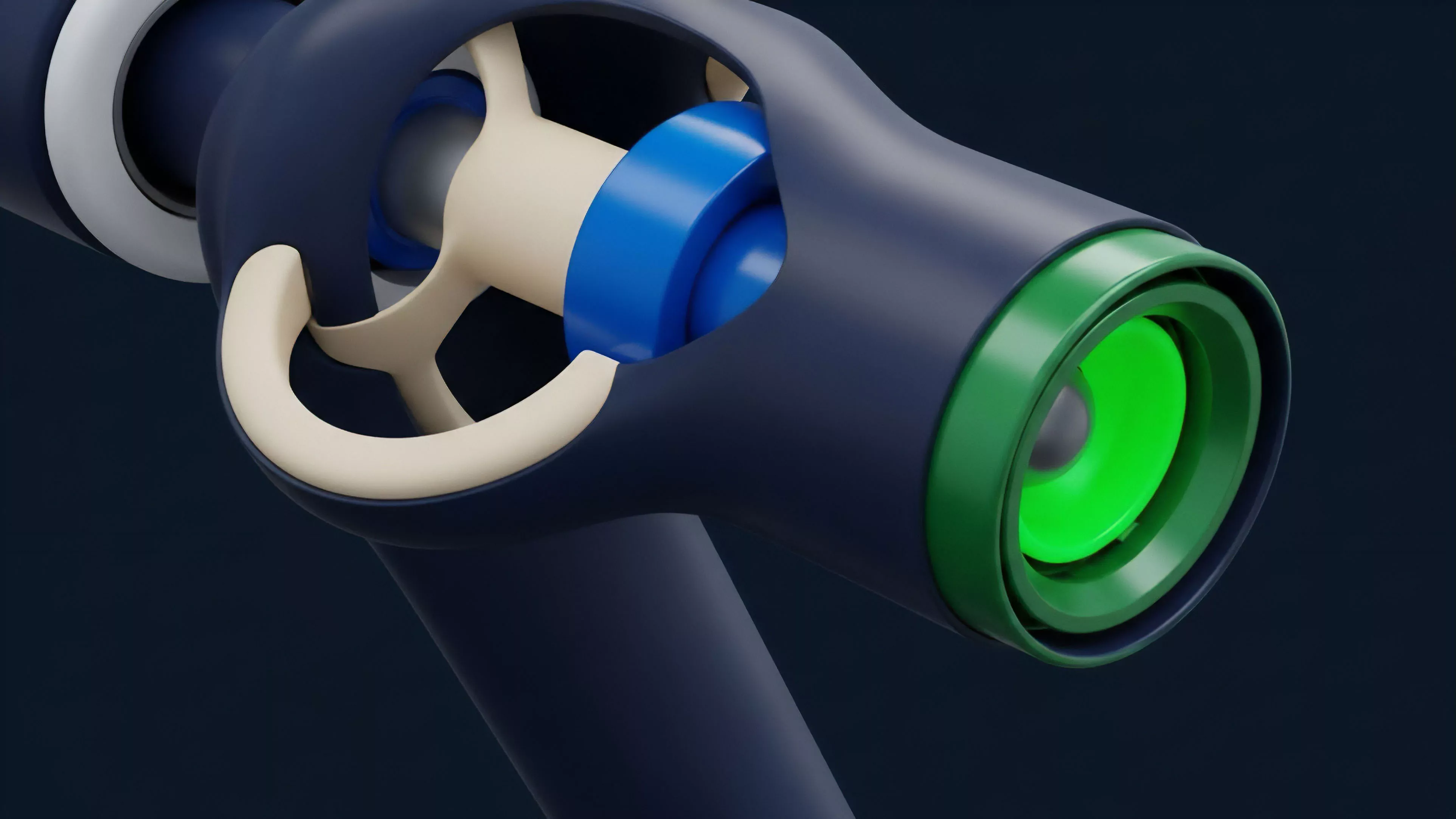 This abstract 3D render displays a close-up, cutaway view of a futuristic mechanical component. The design features a dark blue exterior casing revealing an internal cream-colored fan-like structure and various bright blue and green inner components