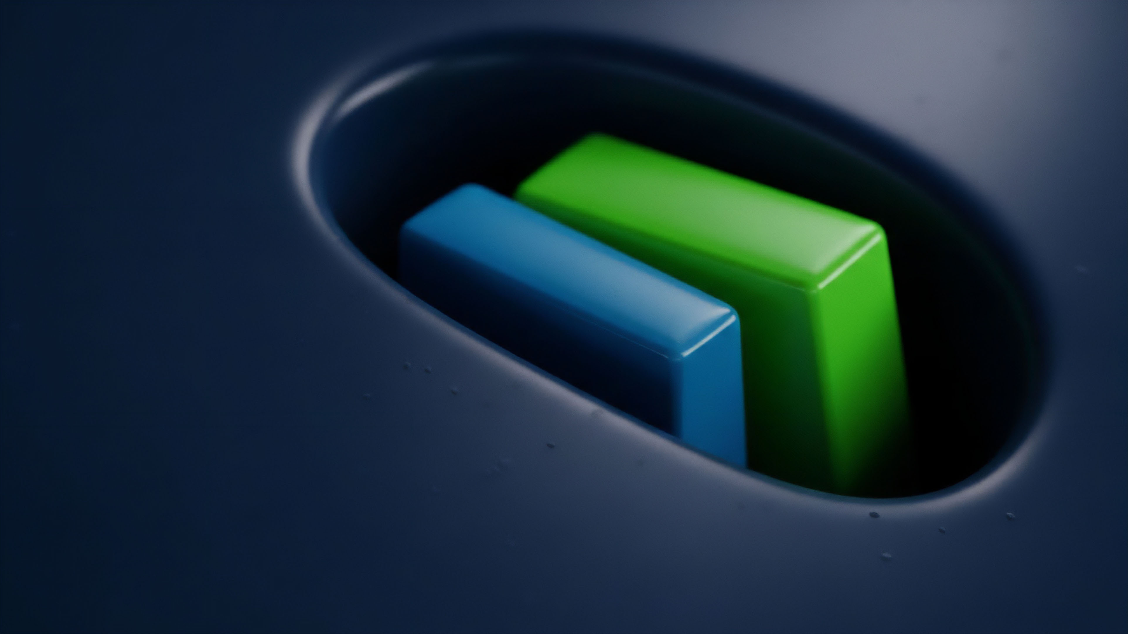 A high-angle, close-up view shows two glossy, rectangular components—one blue and one vibrant green—nestled within a dark blue, recessed cavity. The image evokes the precise fit of an asymmetric cryptographic key pair within a hardware wallet. The components represent a dual-factor authentication or multisig setup for securing digital assets. This setup is crucial for decentralized finance protocols where collateral management and risk mitigation strategies like delta hedging are implemented. The secure housing symbolizes cold storage protection against cyber threats, essential for safeguarding significant asset holdings from impermanent loss and other vulnerabilities.