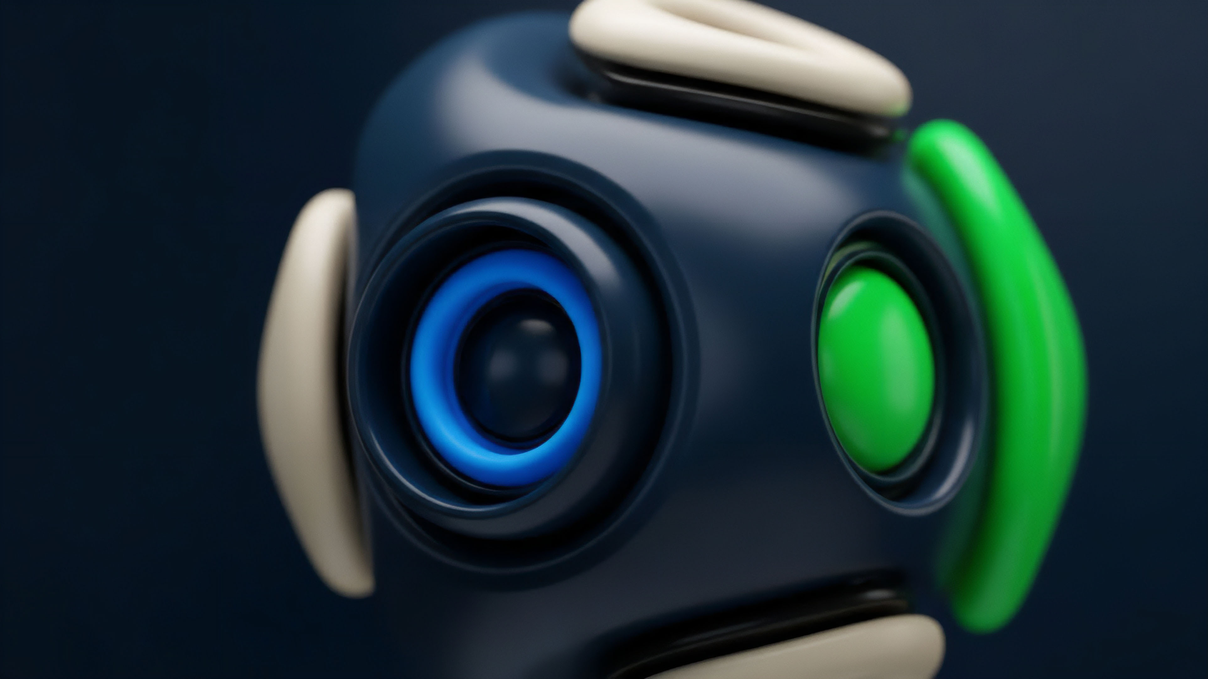 A detailed render illustrates an autonomous protocol node designed for real-time market data aggregation and risk analysis in decentralized finance. The prominent asymmetric sensors—one bright blue, one vibrant green—symbolize disparate data stream inputs and asymmetric risk profiles. This node operates within a decentralized autonomous organization framework, performing automated execution based on smart contract logic. It monitors options volatility and assesses counterparty exposure for high-frequency trading strategies, ensuring efficient liquidity provision and managing risk-weighted assets effectively.