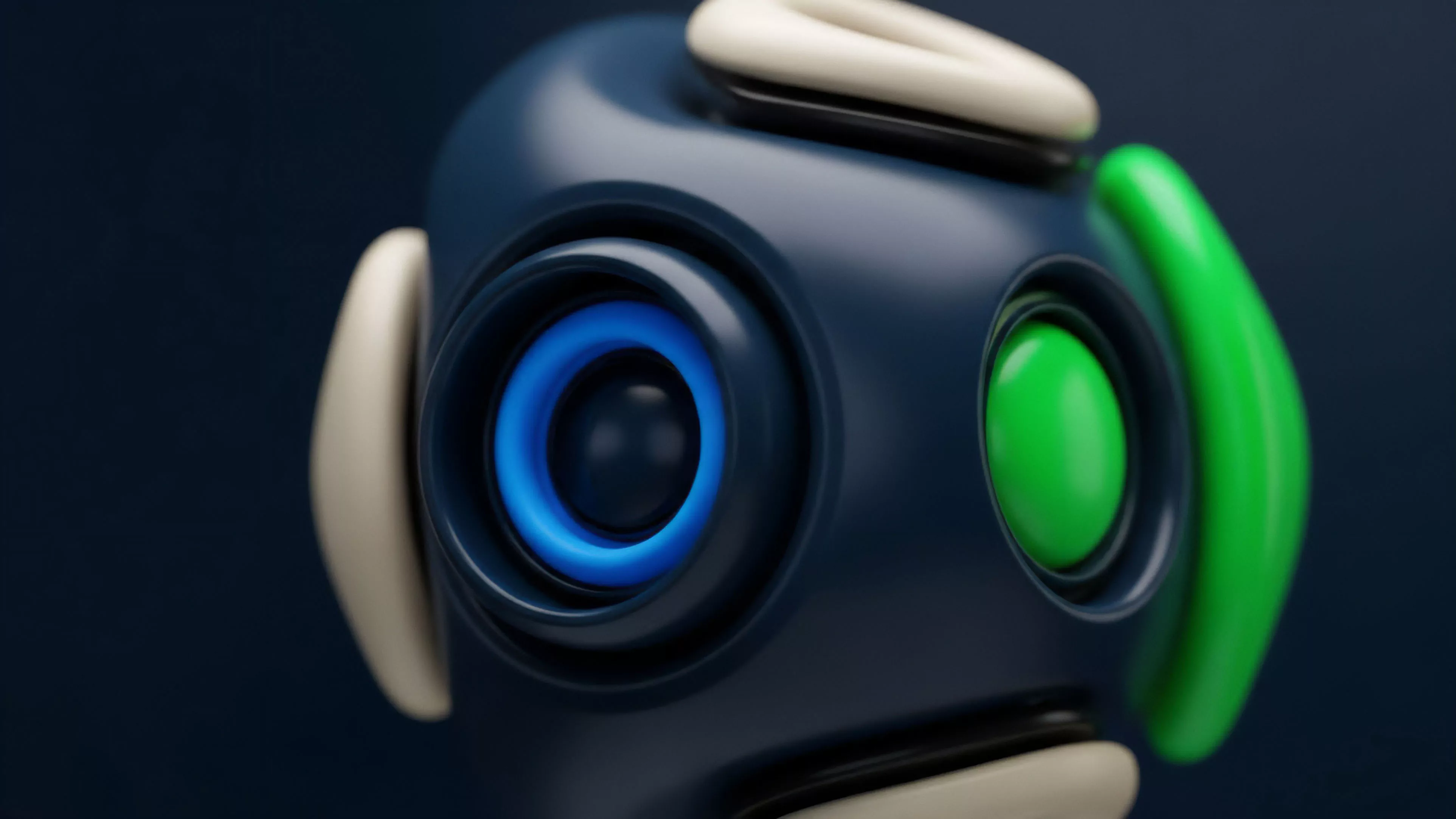 A detailed render illustrates an autonomous protocol node designed for real-time market data aggregation and risk analysis in decentralized finance. The prominent asymmetric sensors—one bright blue, one vibrant green—symbolize disparate data stream inputs and asymmetric risk profiles. This node operates within a decentralized autonomous organization framework, performing automated execution based on smart contract logic. It monitors options volatility and assesses counterparty exposure for high-frequency trading strategies, ensuring efficient liquidity provision and managing risk-weighted assets effectively.