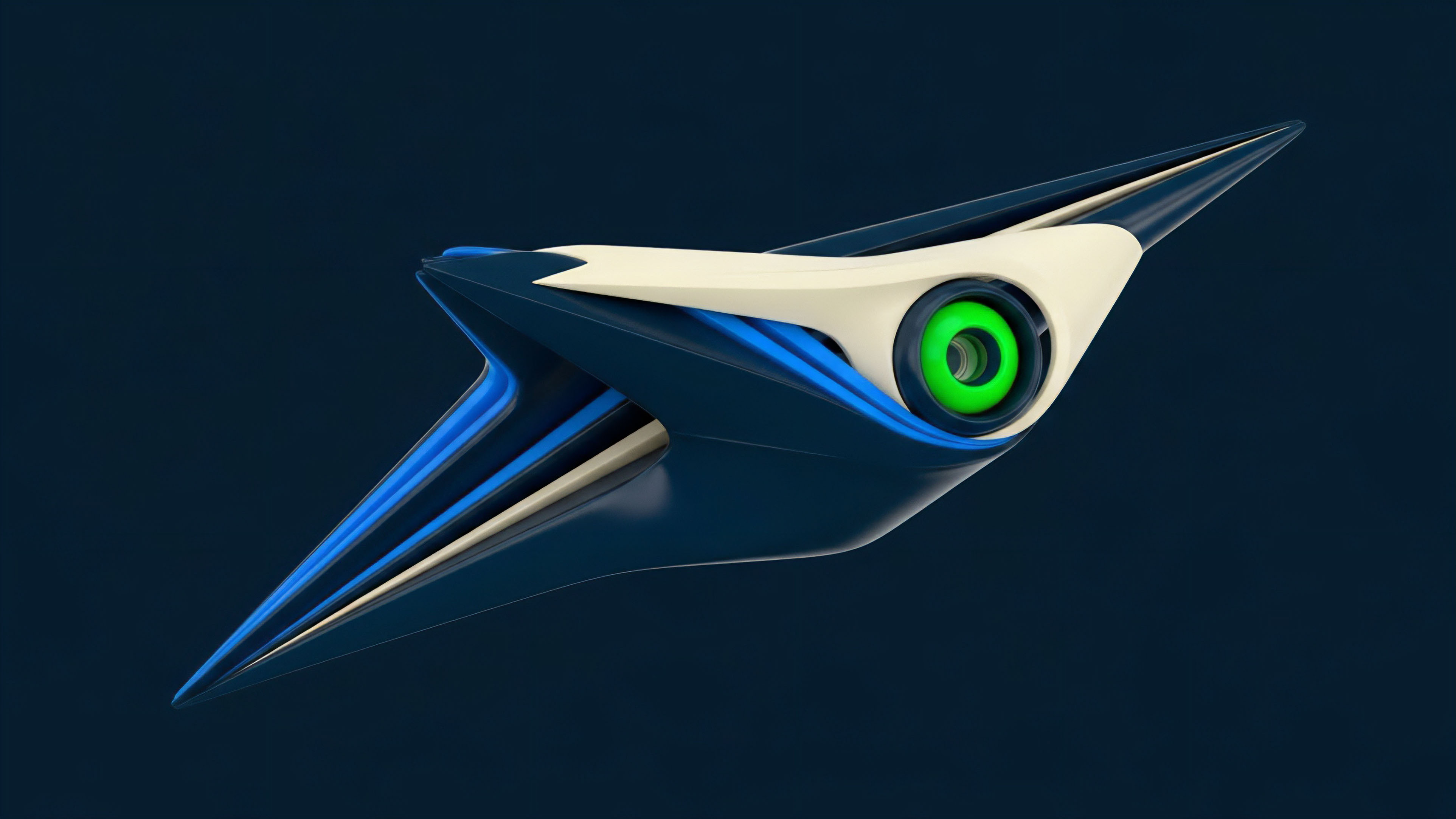 A high-tech asymmetrical design concept featuring a sleek dark blue body, cream accents, and a glowing green central lens. This imagery symbolizes an advanced algorithmic execution agent optimized for high-frequency trading HFT strategies in decentralized finance DeFi environments. The form represents the precise calculation of risk premium and the navigation of market microstructure, while the central sensor signifies real-time data ingestion via oracle feeds. This sophisticated entity manages margin requirements and executes complex derivative pricing models in response to volatility.