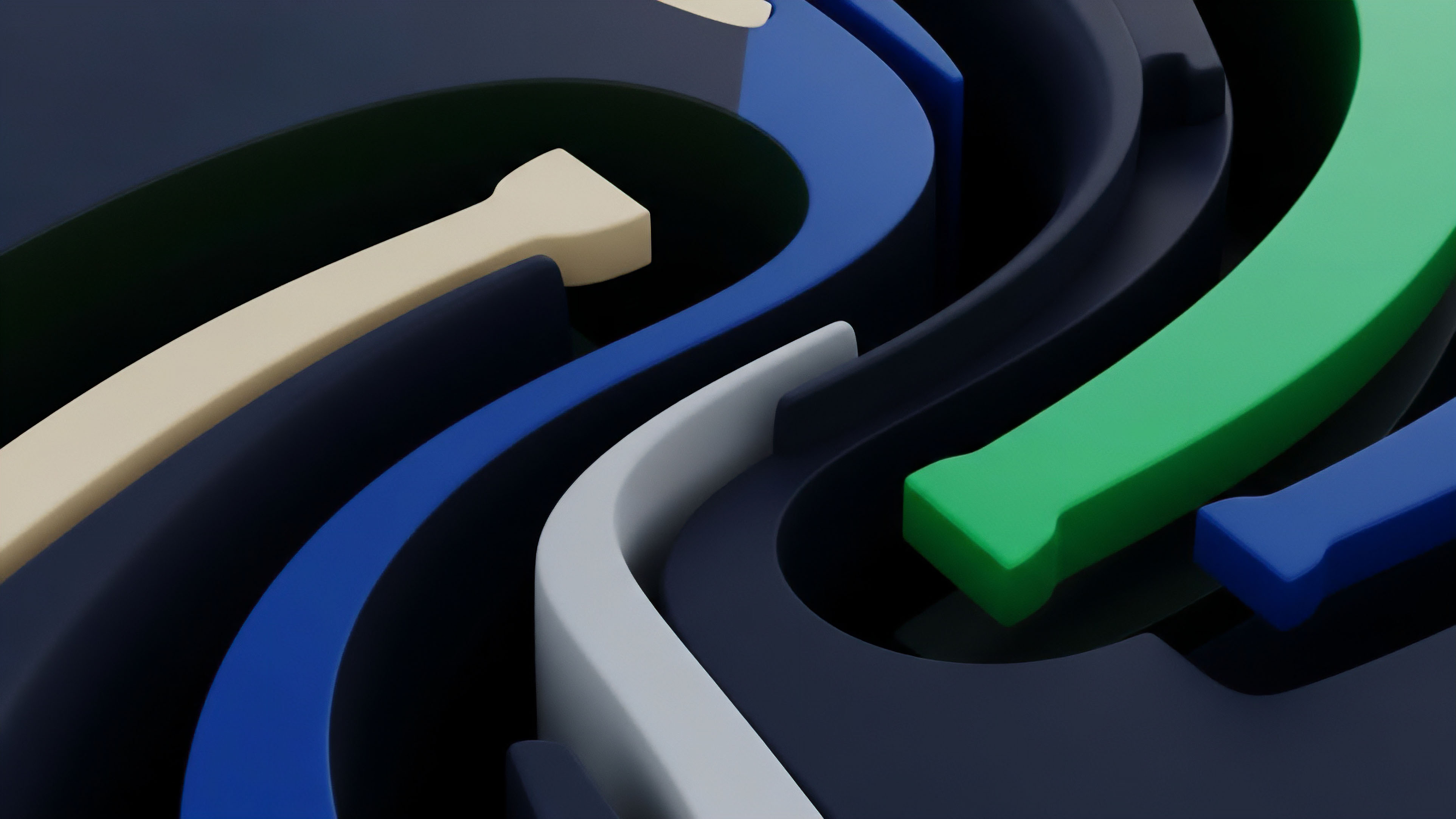 A 3D abstract rendering featuring parallel, ribbon-like structures of beige, blue, gray, and green flowing through dark, intricate channels. This visualization represents the complex architecture of decentralized finance DeFi protocols, illustrating the dynamic liquidity routing and collateral management processes. The distinct pathways symbolize various synthetic assets and perpetual futures contracts navigating different automated market maker AMM liquidity pools. The system's flow highlights real-time order book dynamics and price discovery mechanisms, emphasizing interoperability layers for seamless cross-chain asset flow and efficient risk exposure calculation in derivatives pricing models.