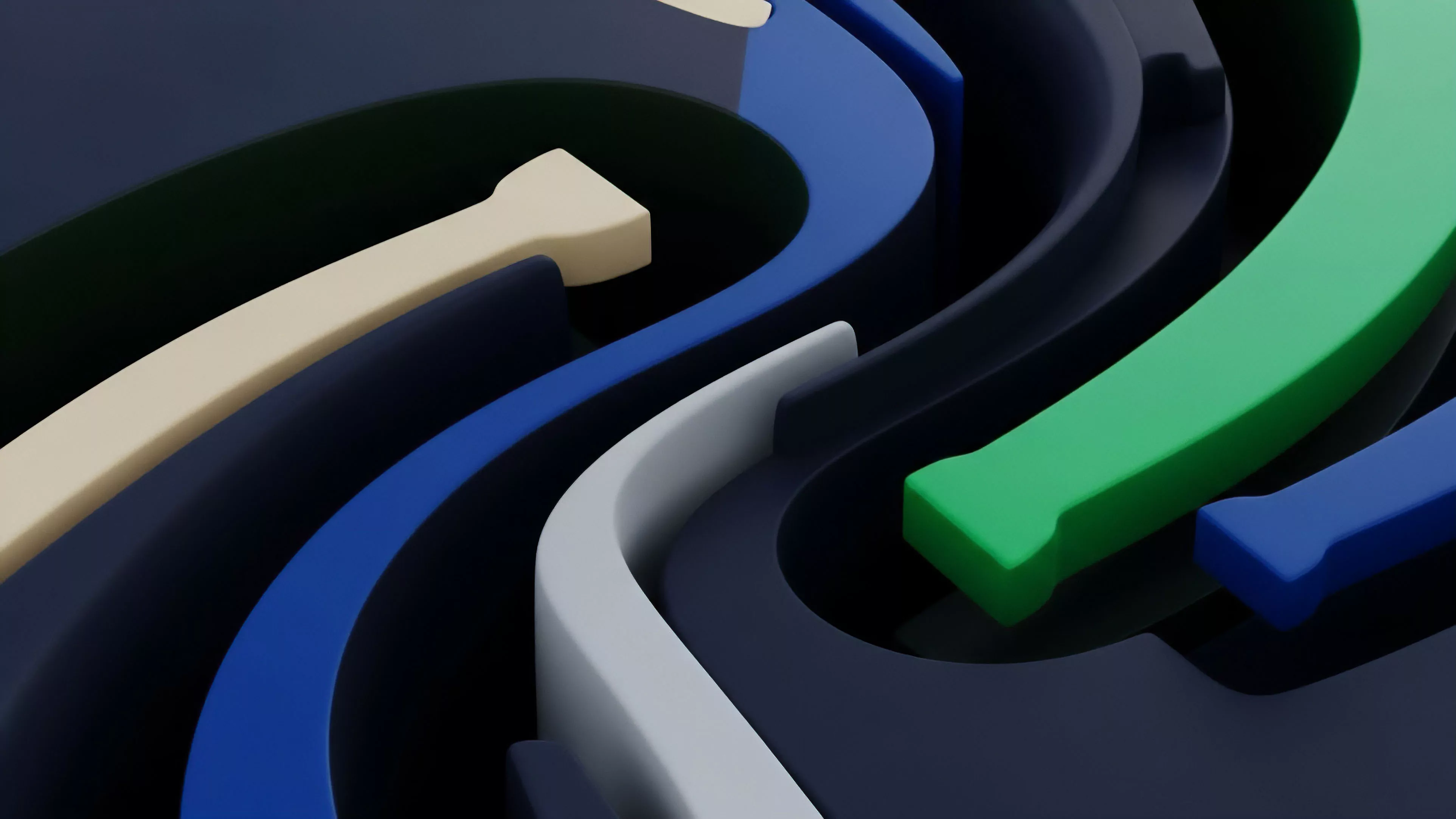A 3D abstract rendering displays several parallel, ribbon-like pathways colored beige, blue, gray, and green, moving through a series of dark, winding channels. The structures bend and flow dynamically, creating a sense of interconnected movement through a complex system