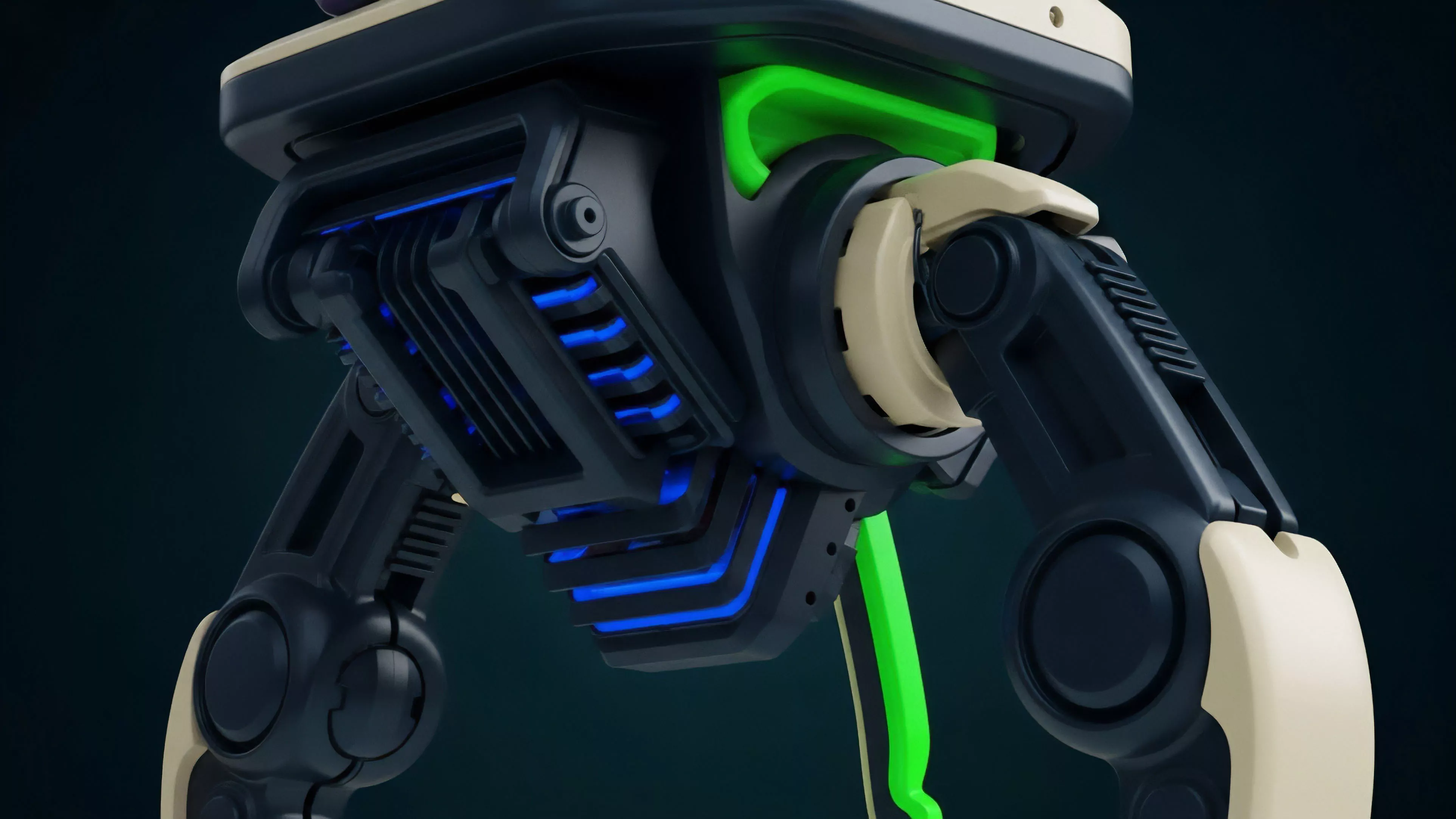 The image displays a high-tech mechanism with articulated limbs and glowing internal components. The dark blue structure with light beige and neon green accents suggests an advanced, functional system
