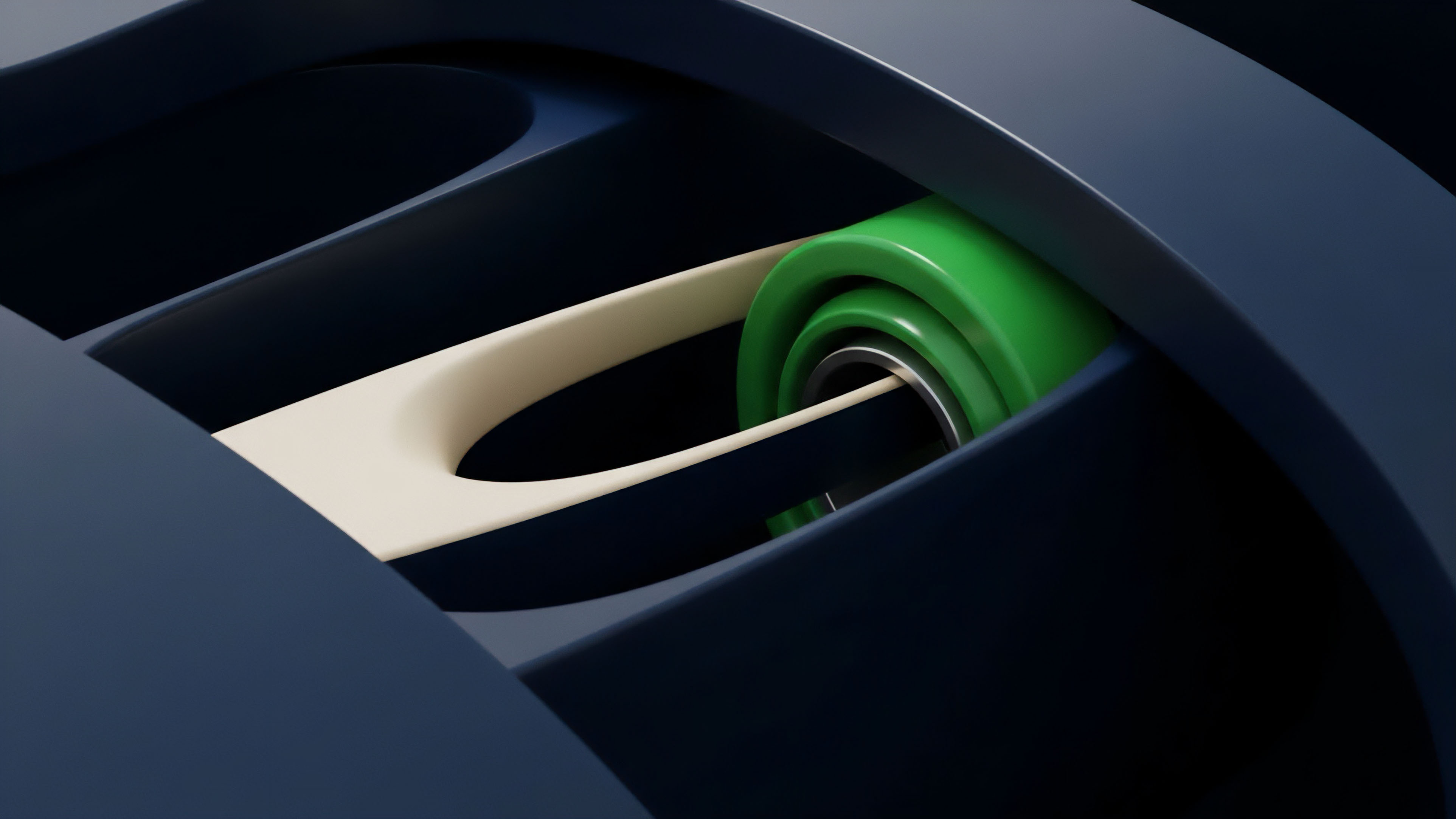 A stylized rendering of interlocking components in an automated system. The smooth movement of the light-colored element around the green cylindrical structure illustrates the continuous operation of a decentralized finance protocol. This visual metaphor represents automated market maker mechanics and continuous settlement processes in perpetual futures contracts. The intricate flow simulates automated risk management and yield generation strategies within complex tokenomics structures, highlighting the precision required for high-frequency algorithmic execution in modern financial derivatives markets.