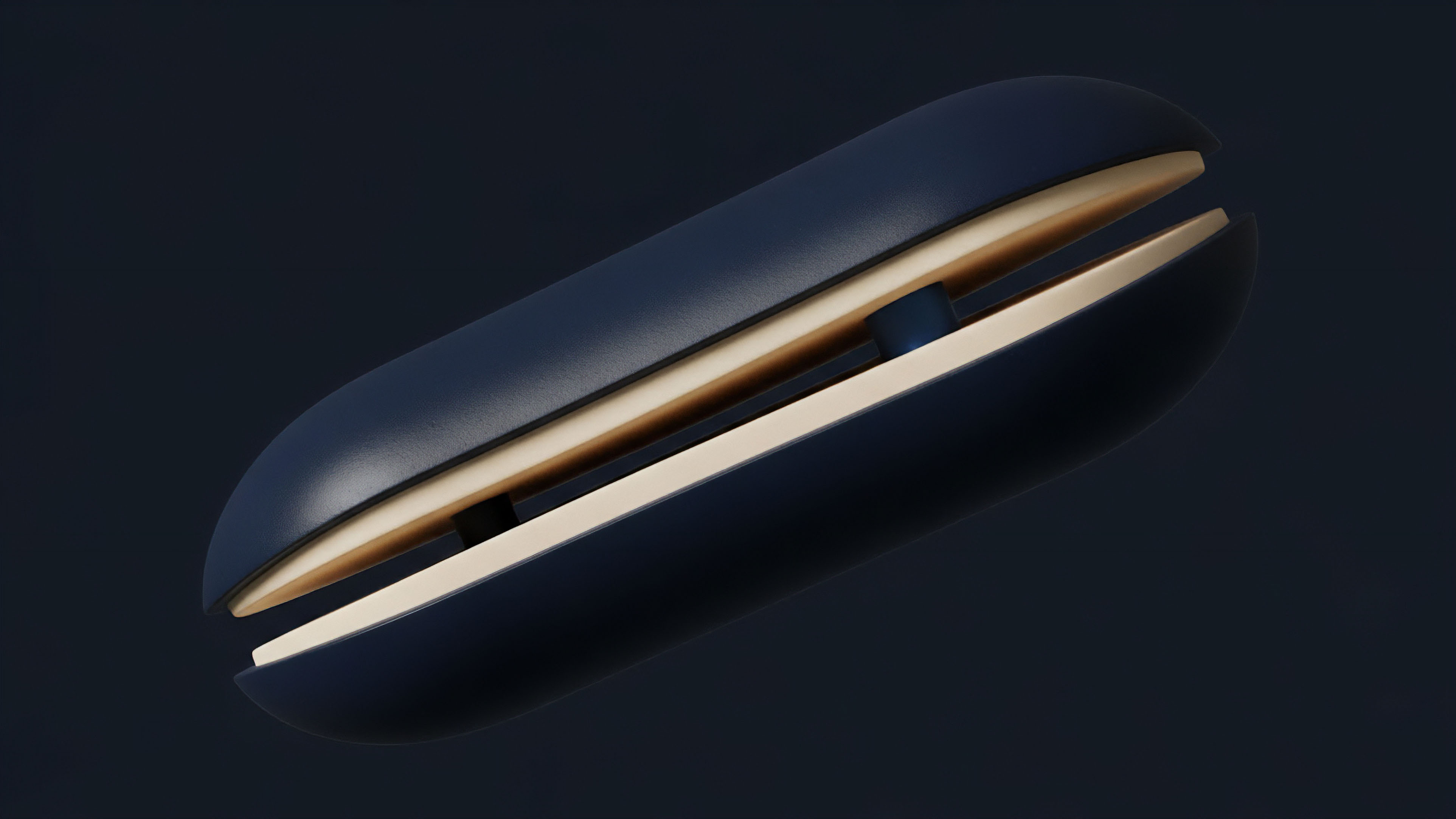 A futuristic, navy blue, sleek device with a gap revealing a light beige interior mechanism. This visual metaphor represents the core mechanics of a decentralized exchange, specifically visualizing the bid-ask spread. The separation illustrates market friction and slippage within liquidity pools, where price discovery occurs between the two sides of a trade. The inner components represent the underlying tokenized assets and the automated market maker algorithm calculating arbitrage opportunities, reflecting order book depth. This structure represents the intrinsic volatility and risk associated with perpetual futures and options trading.