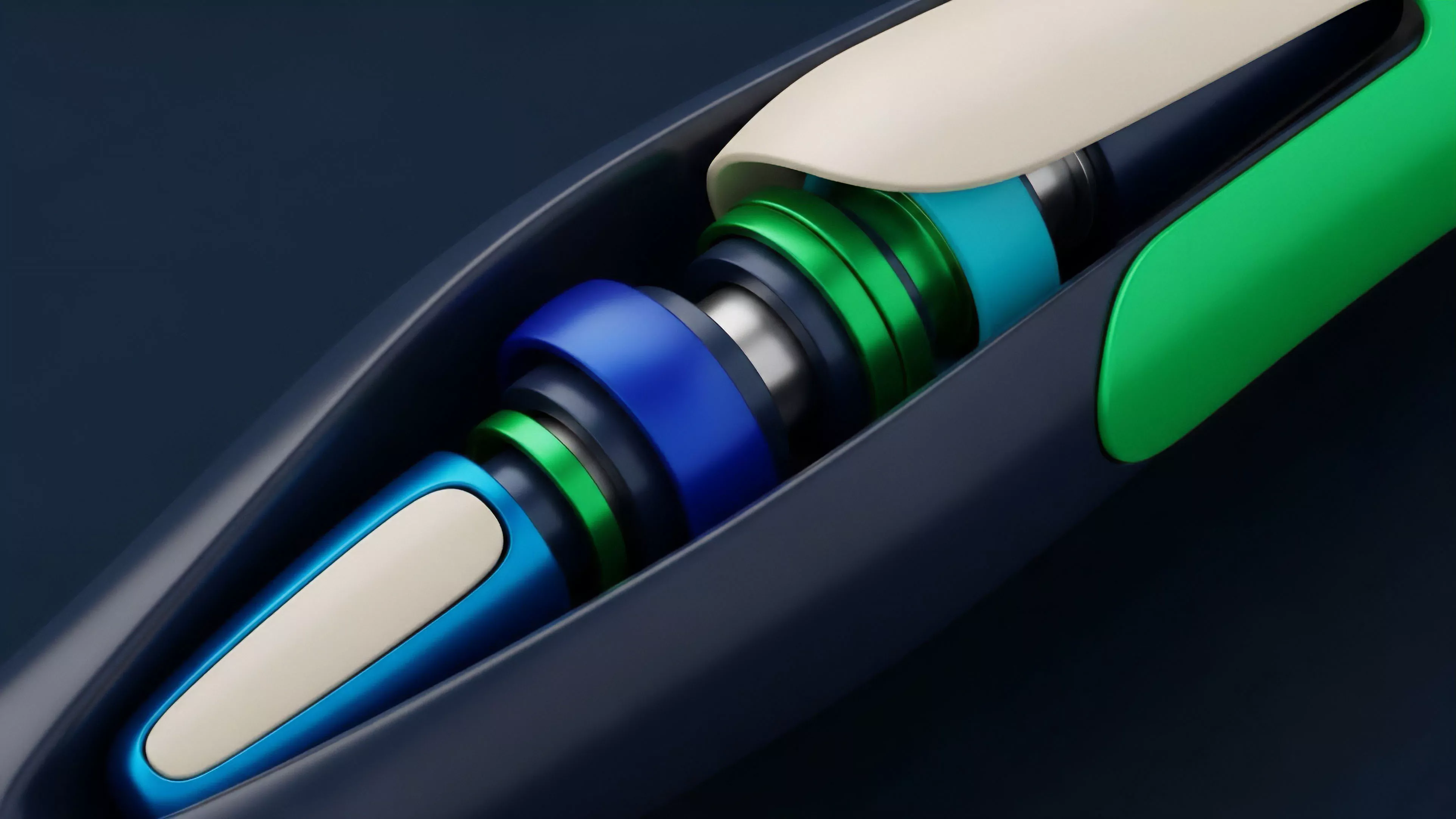 A detailed, close-up view of a precisely engineered mechanism with interlocking components in blue, green, and silver hues.
