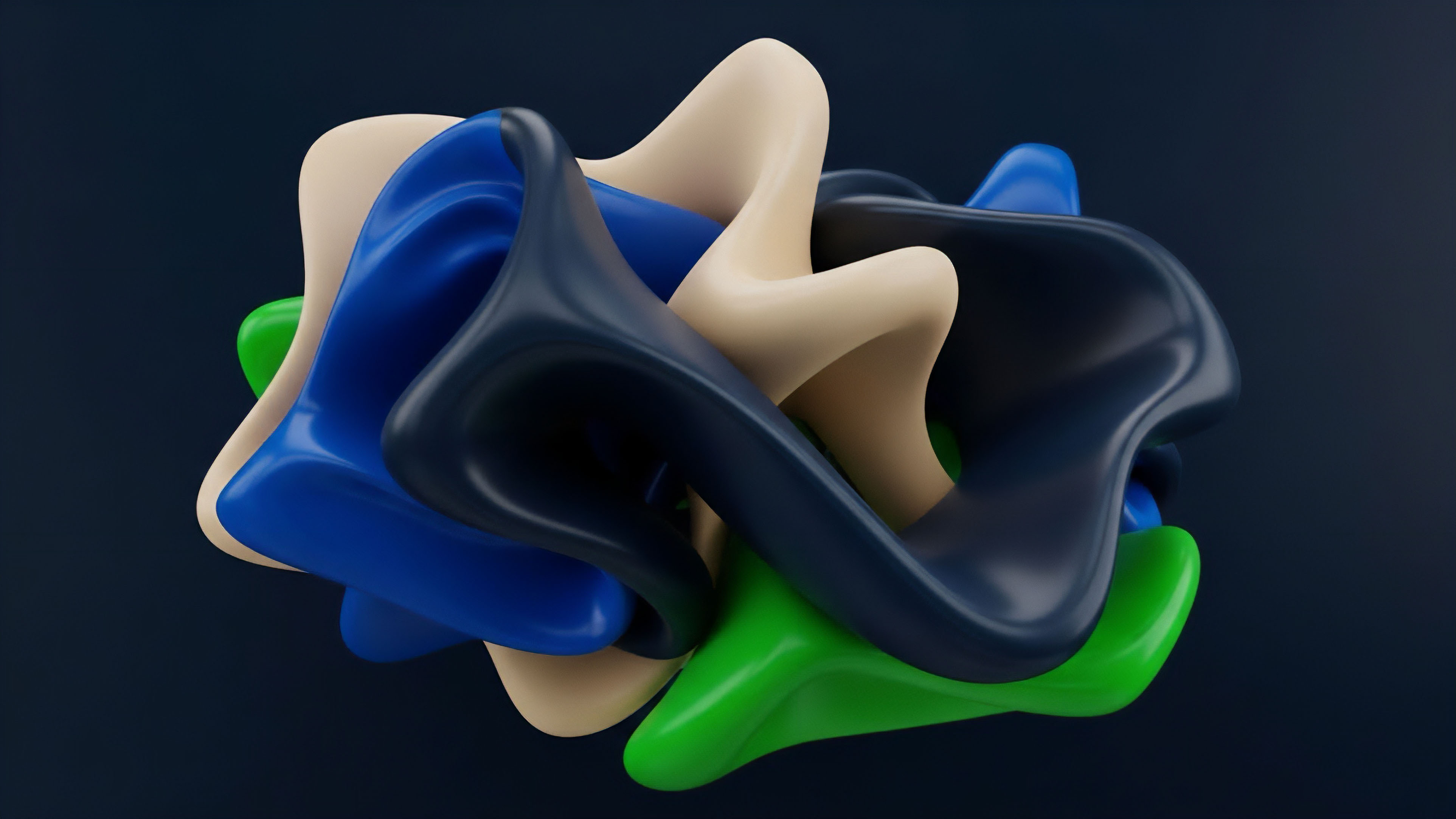 A three-dimensional abstract composition of intertwined, glossy shapes in dark blue, bright blue, beige, and bright green. The flowing structure visually represents the intricate composability of decentralized finance protocols where diverse financial primitives interoperate. The layered forms signify how synthetic assets and multi-leg options strategies are built upon collateralization layers. This interconnectedness illustrates liquidity aggregation across different liquidity pools, creating complex structured products that require sophisticated risk management and reliable oracle feeds for stability in derivative trading.
