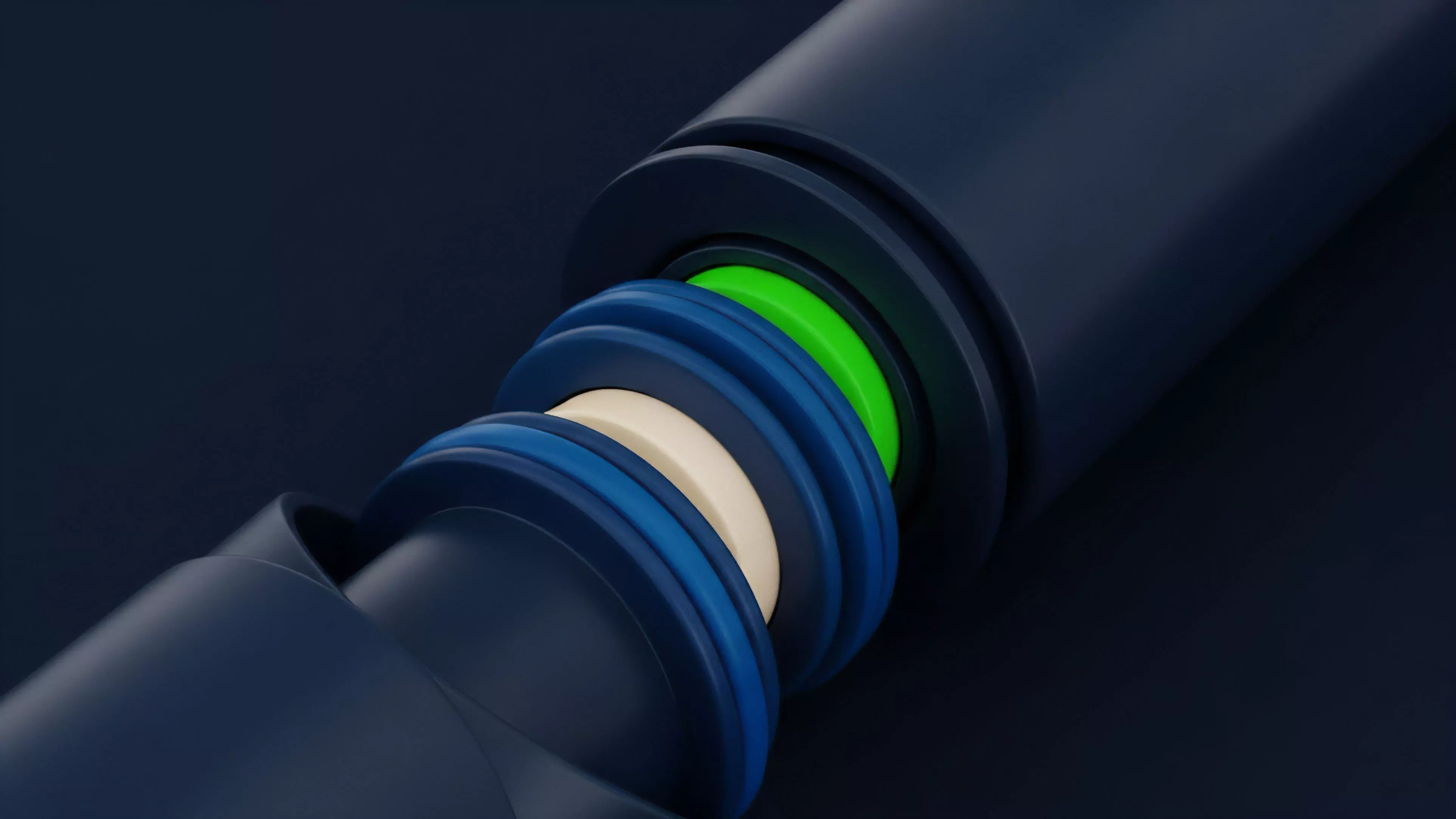 A high-resolution abstract visualization of a complex mechanical assembly, depicting a series of concentric rings in contrasting colors.