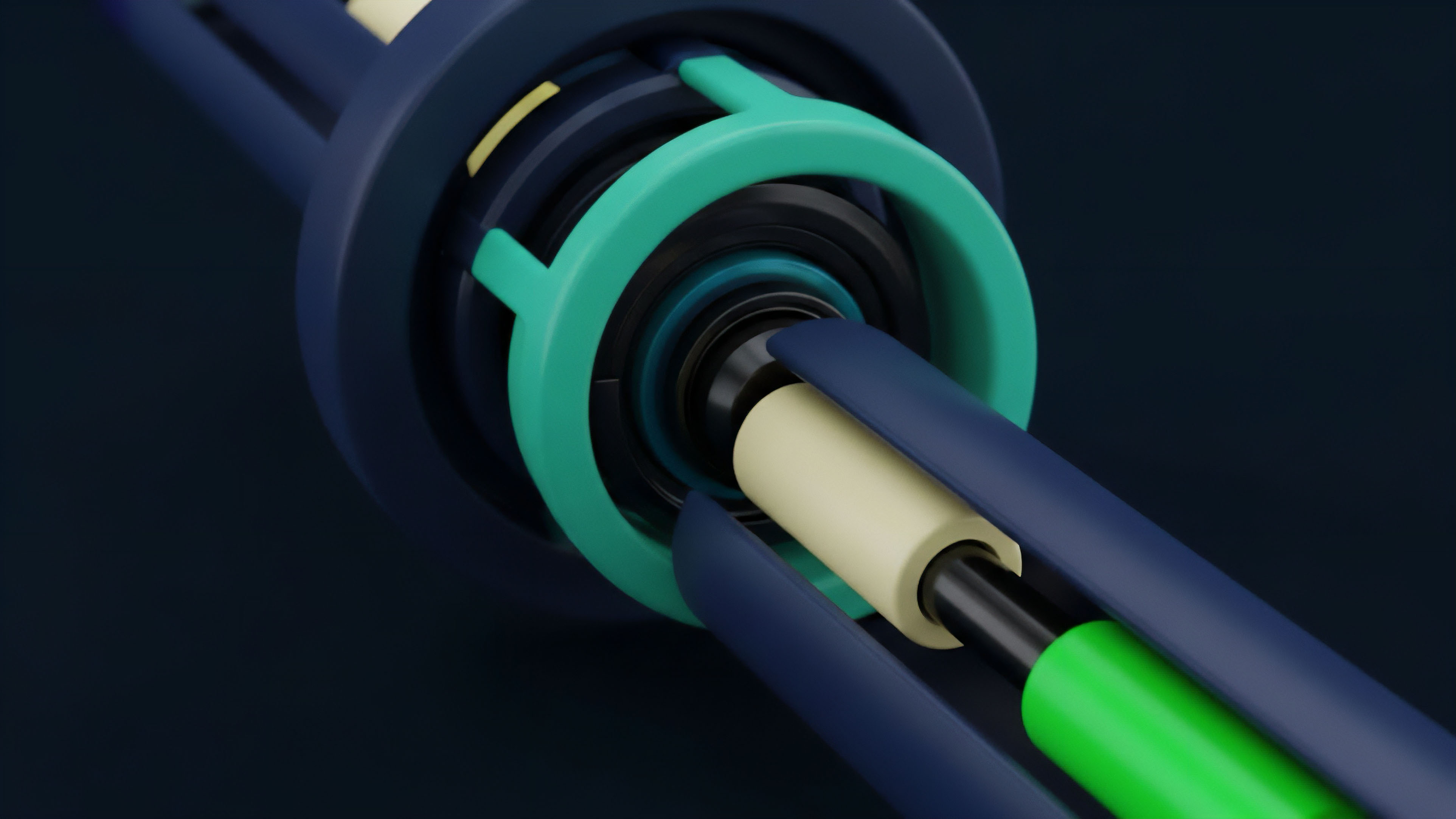 A close-up view shows an intricate assembly of interlocking cylindrical and rod components in shades of dark blue, light teal, and beige. The elements fit together precisely, suggesting a complex mechanical or digital structure