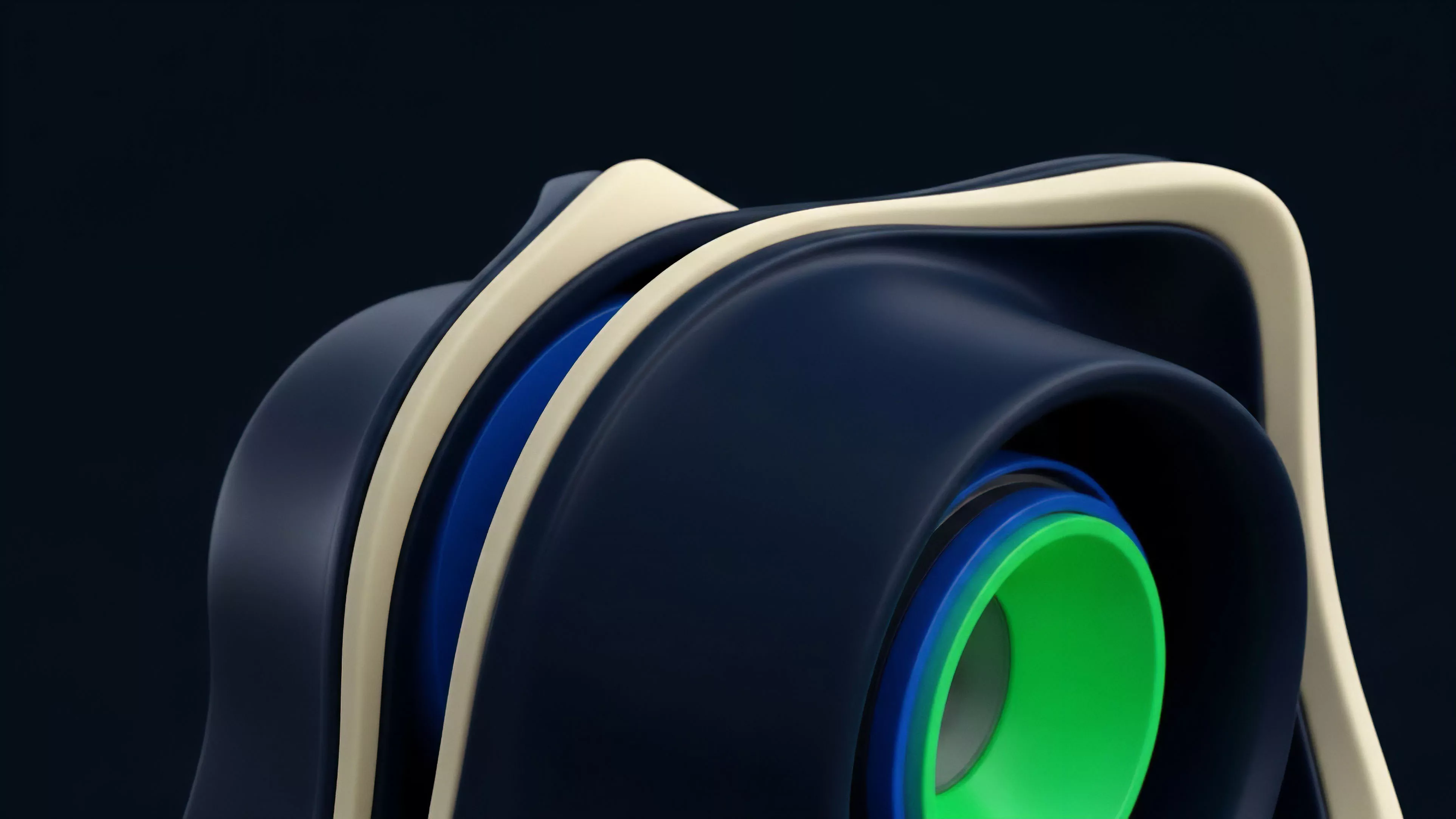 A complex abstract form with layered components features a dark blue surface enveloping inner rings. A light beige outer frame defines the form's flowing structure. The internal structure reveals a bright green core surrounded by blue layers. This visualization represents a structured product within decentralized finance, where different risk tranches are layered. The green core signifies a yield-bearing asset or stable tranche, while the blue elements illustrate subordinate tranches or leverage positions with specific collateralization ratios for dynamic risk management.