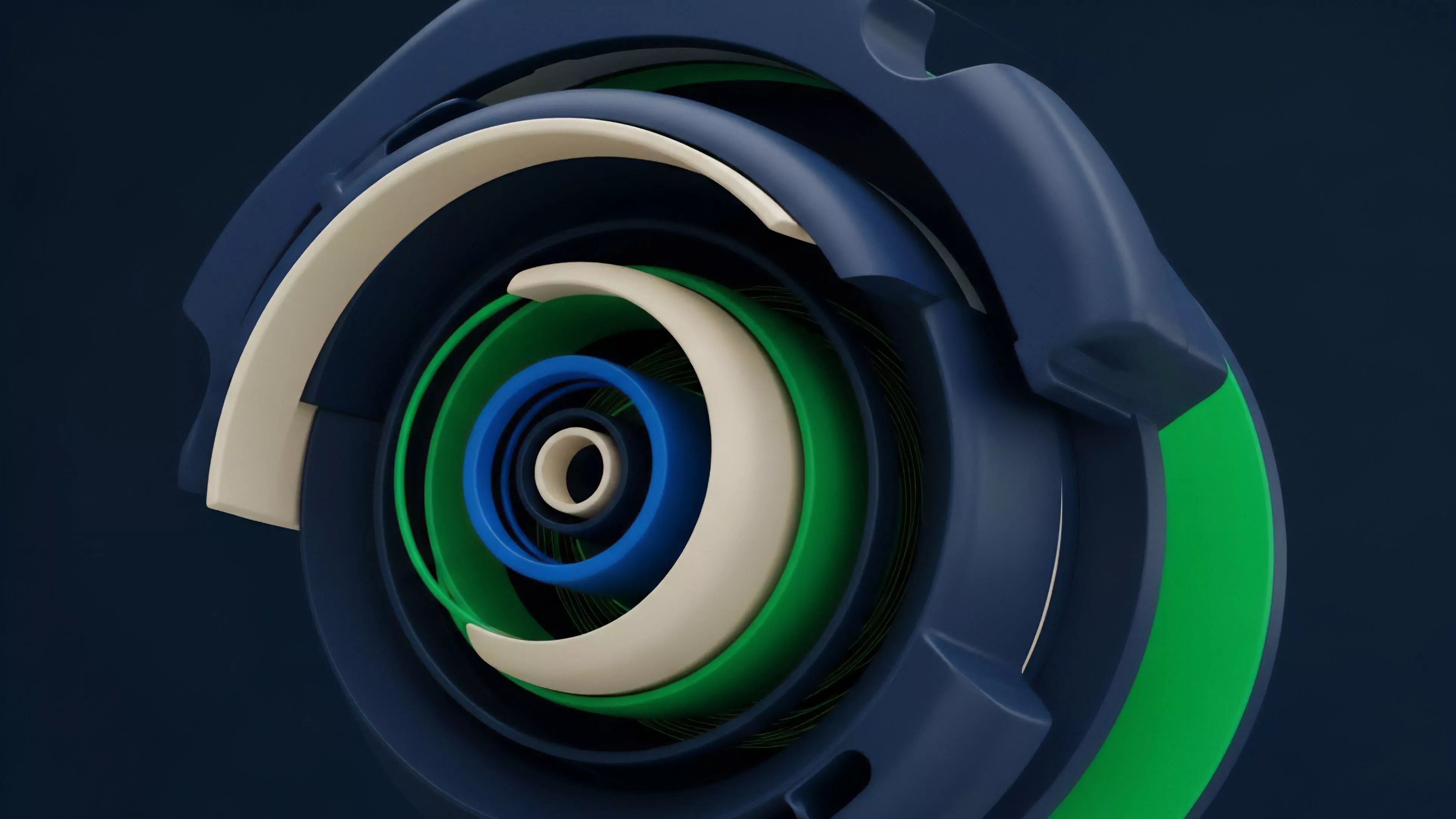 A 3D abstract render displays concentric, segmented arcs in deep blue, bright green, and cream, suggesting a complex, layered mechanism. The visual structure represents the intricate architecture of decentralized finance protocols. It symbolizes how smart contracts manage collateralization tranches within synthetic assets or structured products. The interlocking segments illustrate the dependencies between different risk layers, yield farming strategies, and market segmentation. This complex system optimizes capital efficiency and defines the risk premium for on-chain derivatives, representing the sophisticated engineering required for robust DeFi ecosystems.