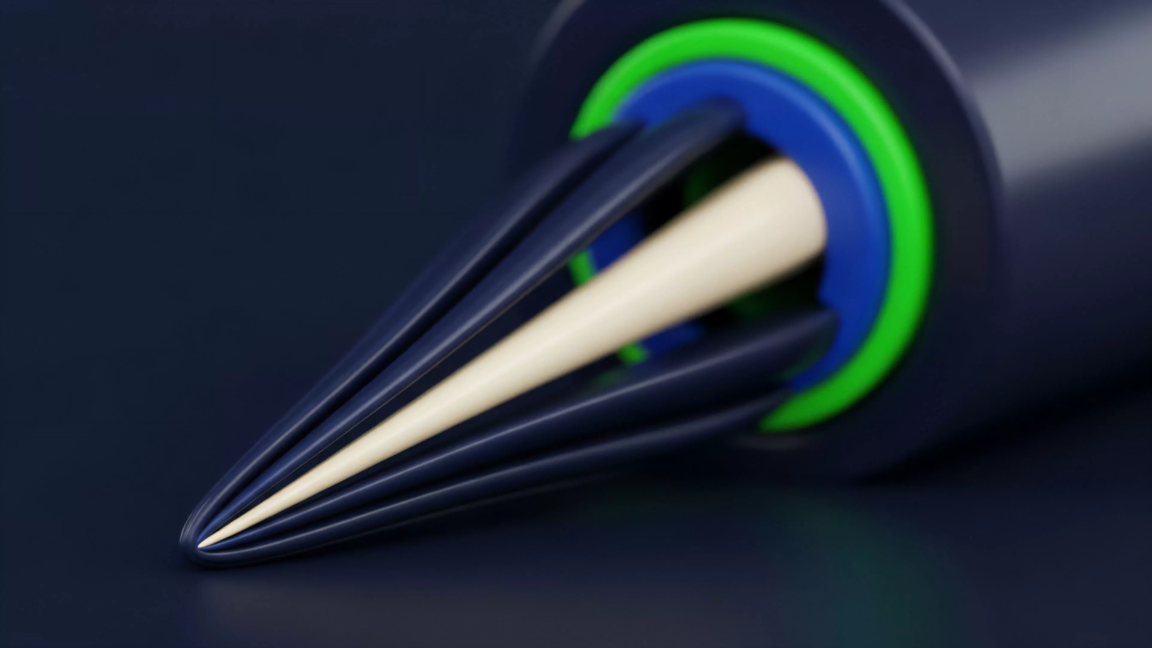 A close-up view reveals a precision-engineered mechanism featuring multiple dark, tapered blades that converge around a central, light-colored cone. At the base where the blades retract, vibrant green and blue rings provide a distinct color contrast to the overall dark structure