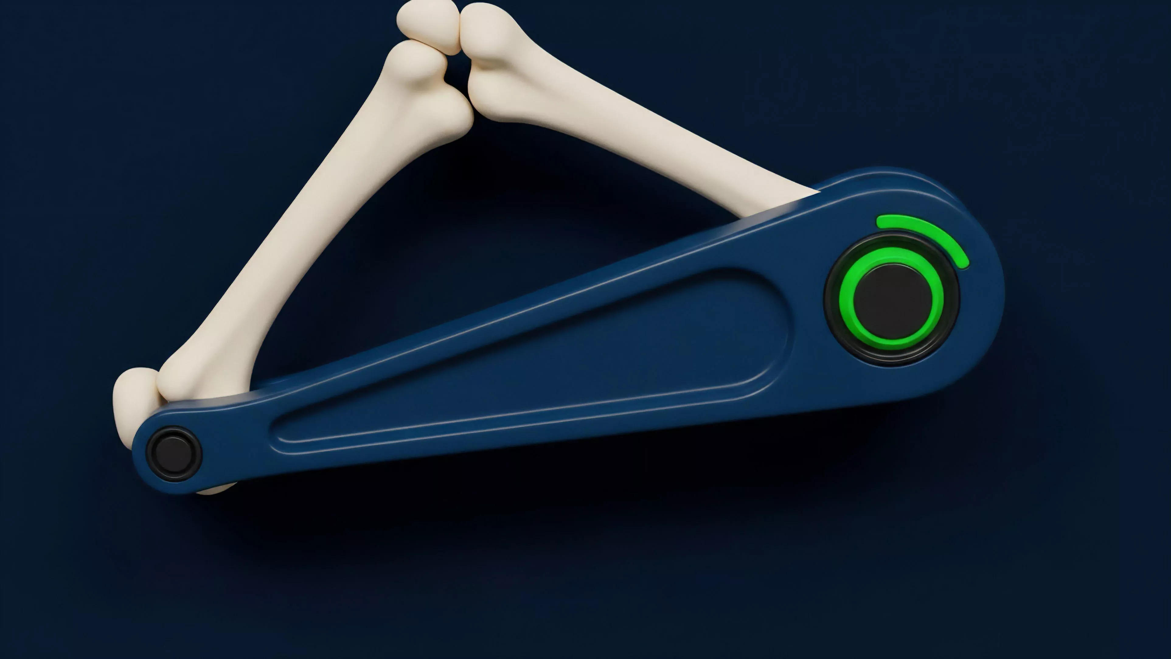 A dark blue mechanism featuring a green circular indicator adjusts two bone-like components, simulating a joint's range of motion. This configuration visualizes a decentralized finance DeFi collateralized debt position CDP health factor. The underlying assets bones are linked to a smart contract mechanism that facilitates leverage adjustment and risk management. The green arc represents the current margin level relative to the liquidation threshold, illustrating dynamic collateralization ratios in yield farming strategies and perpetual futures markets.
