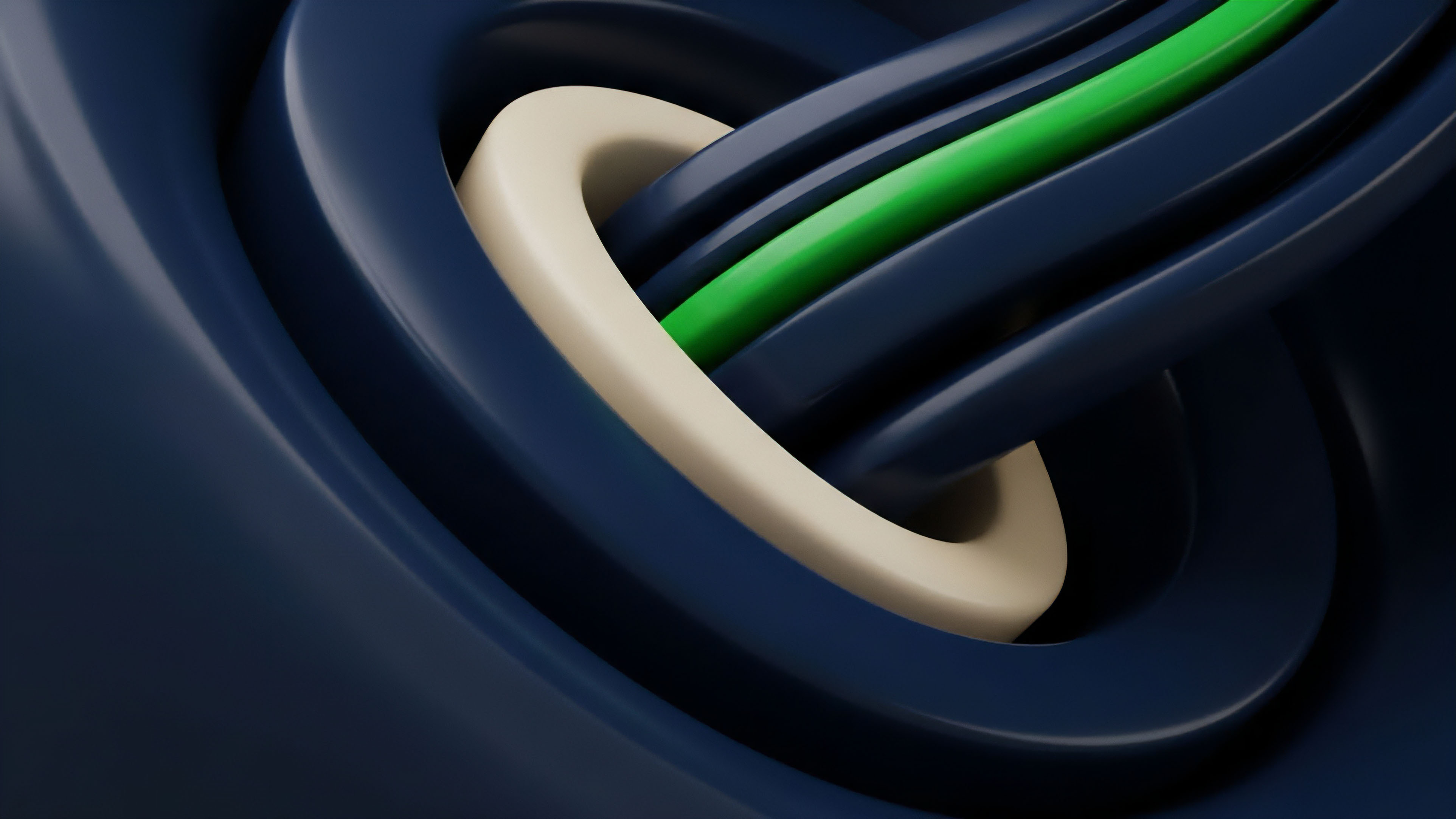 A digitally rendered composition features smooth, intertwined strands of navy blue, cream, and bright green, symbolizing complex interdependencies within financial systems. The central cream band represents a collateralized position, while the flowing blue and green bands signify underlying assets and liquidity streams. This visual metaphor illustrates the automated rebalancing of collateralization ratios in decentralized finance protocols. The intricate layering reflects the interconnected risks and dependencies inherent in structured financial products like options and derivatives trading, where asset volatility impacts systemic liquidity across different layers.