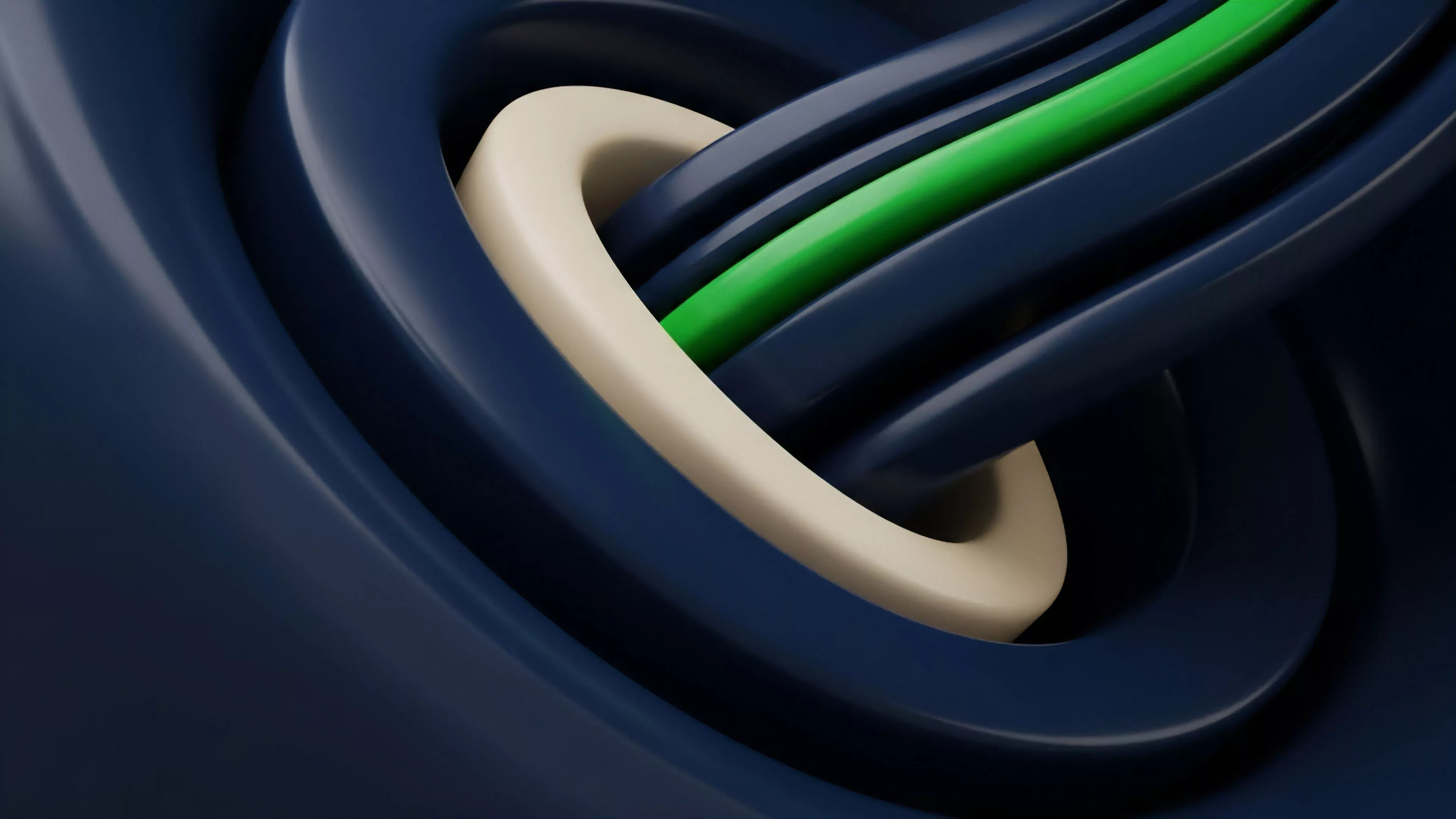 An abstract digital rendering showcases smooth, highly reflective bands in dark blue, cream, and vibrant green. The bands form intricate loops and intertwine, with a central cream band acting as a focal point for the other colored strands