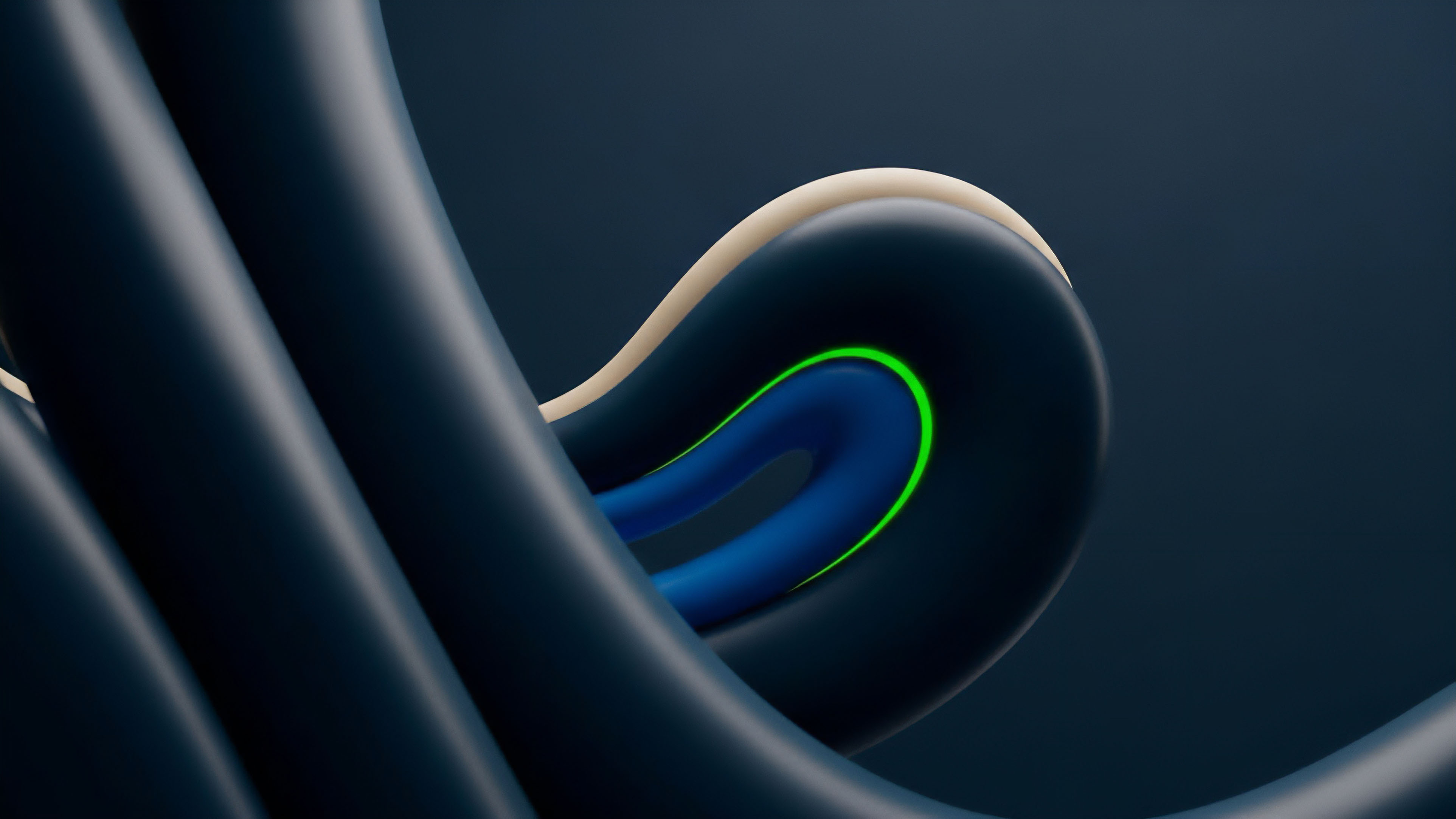 An abstract composition featuring dark blue, intertwined structures against a deep blue background, representing the complex architecture of financial derivatives in a decentralized finance ecosystem. The layered forms signify market depth and collateralization within smart contracts. A vibrant green neon line highlights an inner loop, symbolizing a real-time oracle feed providing precise price discovery essential for options trading and leveraged positions. The off-white line suggests a separate wrapped asset or hedging instrument interacting dynamically with the core structure.