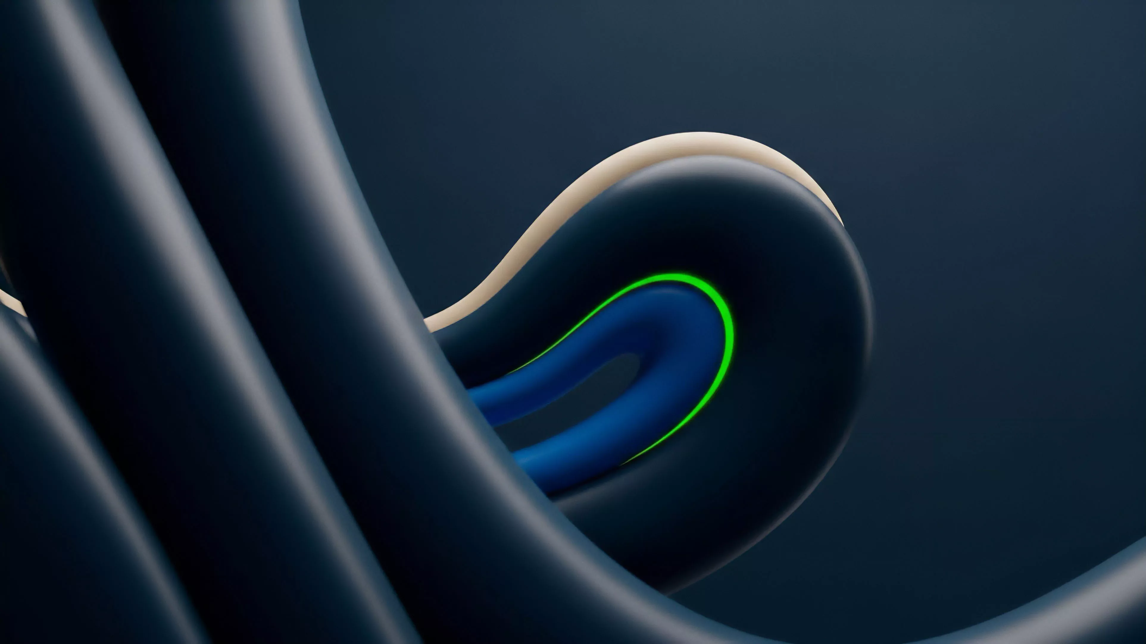 An abstract composition featuring dark blue, intertwined structures against a deep blue background, representing the complex architecture of financial derivatives in a decentralized finance ecosystem. The layered forms signify market depth and collateralization within smart contracts. A vibrant green neon line highlights an inner loop, symbolizing a real-time oracle feed providing precise price discovery essential for options trading and leveraged positions. The off-white line suggests a separate wrapped asset or hedging instrument interacting dynamically with the core structure.