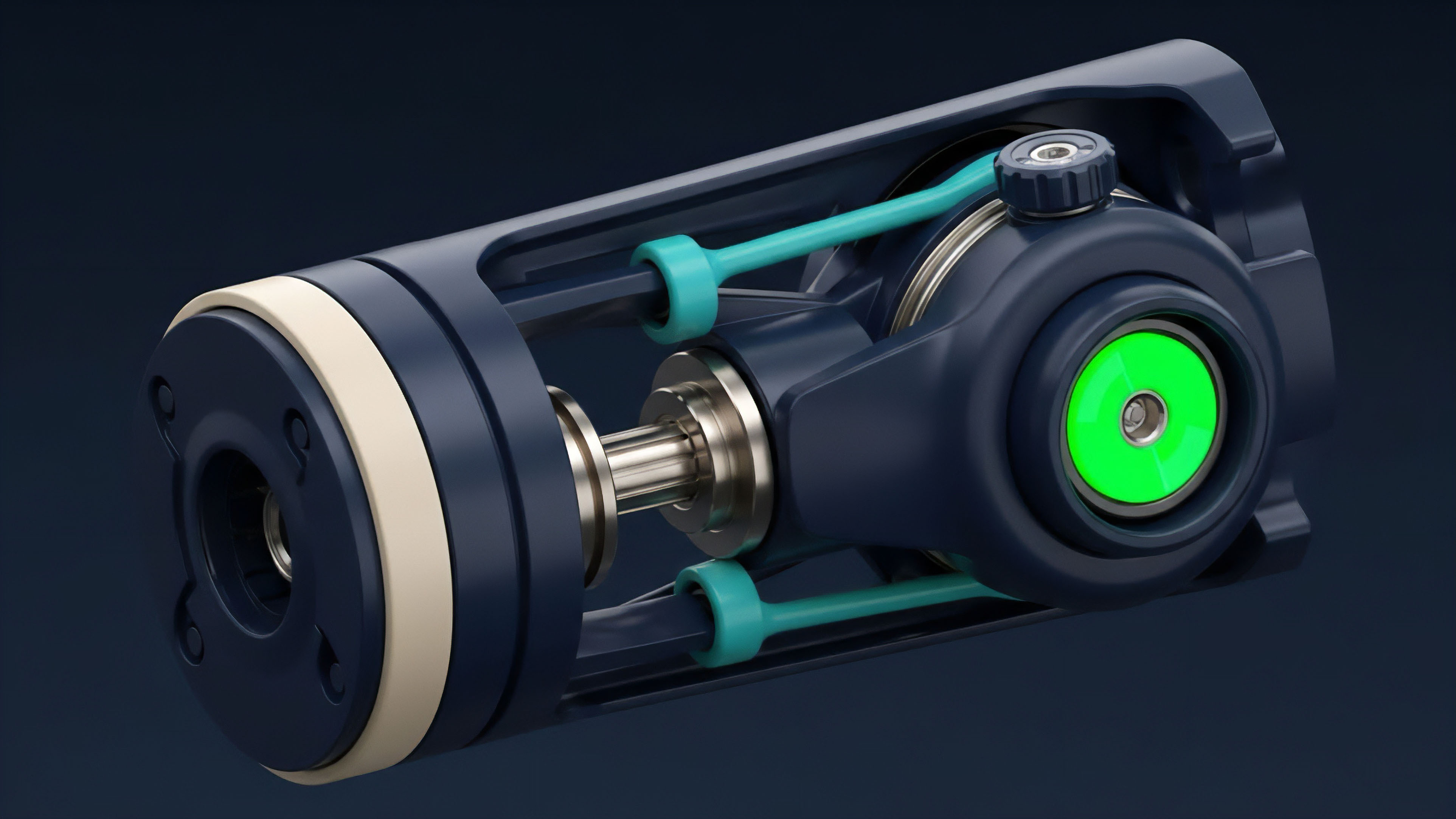 A conceptual model illustrating a decentralized finance protocol's inner workings. The central shaft represents collateralized assets flowing through a liquidity pool, governed by smart contract logic. Connecting rods visualize the automated market maker's risk engine, dynamically adjusting based on implied volatility and calculating settlement. The bright green indicator light signifies active yield generation and successful perpetual futures execution within the protocol architecture. This mechanism embodies transparent governance within a DAO.