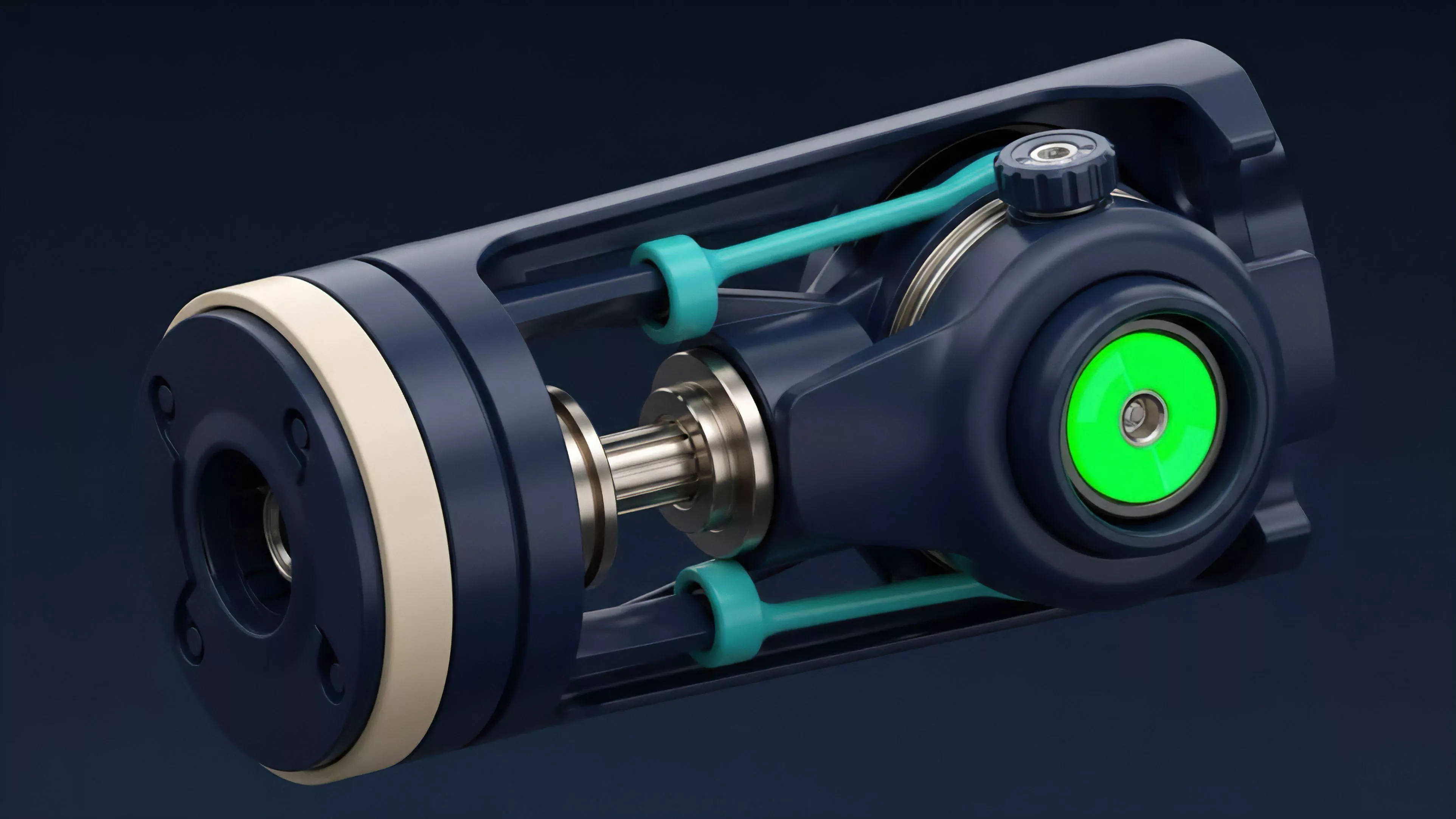 A high-tech, abstract rendering showcases a dark blue mechanical device with an exposed internal mechanism. A central metallic shaft connects to a main housing with a bright green-glowing circular element, supported by teal-colored structural components