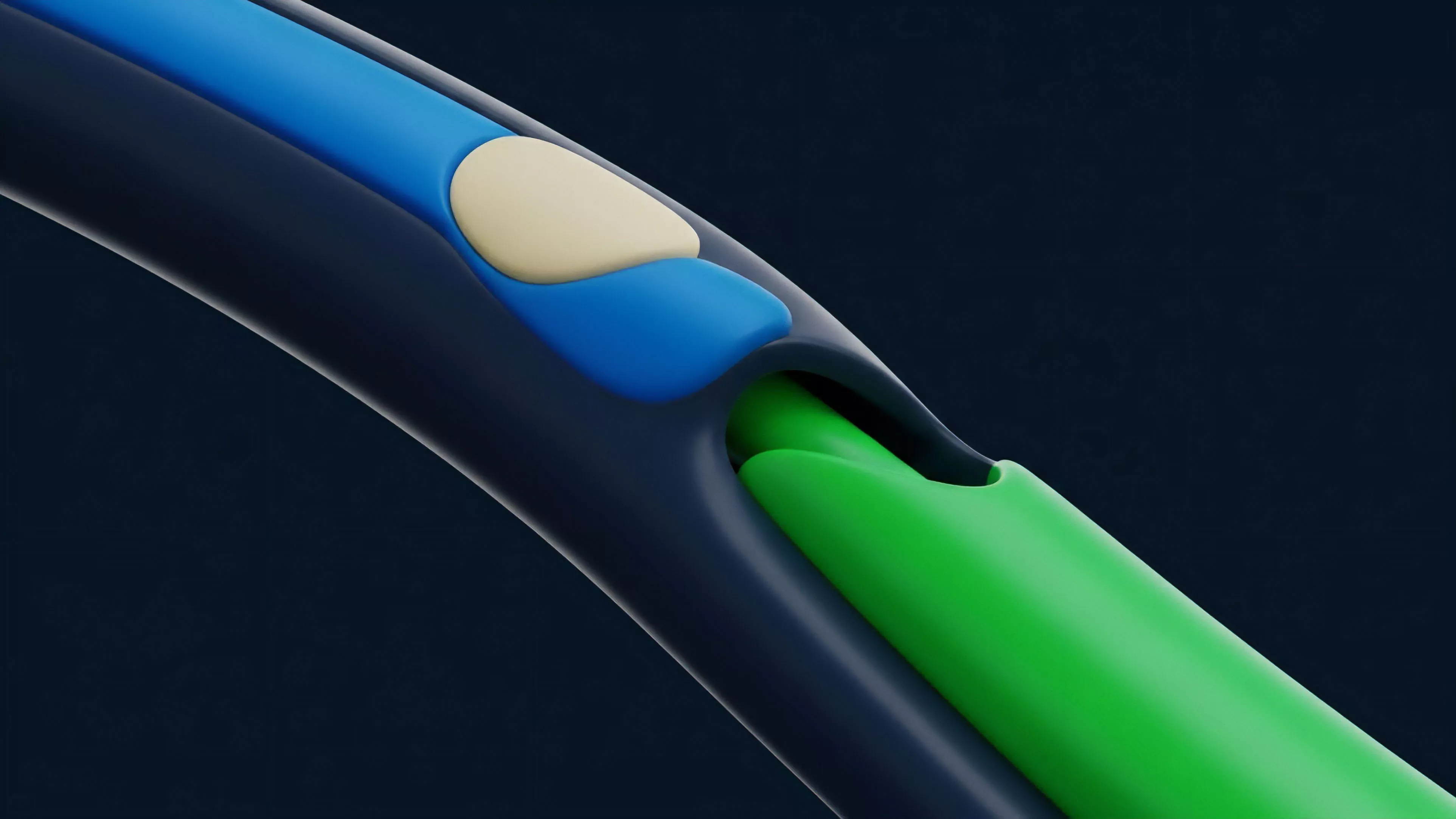 An abstract digital rendering showcases interlocking components and layered structures. The composition features a dark external casing, a light blue interior layer containing a beige-colored element, and a vibrant green core structure