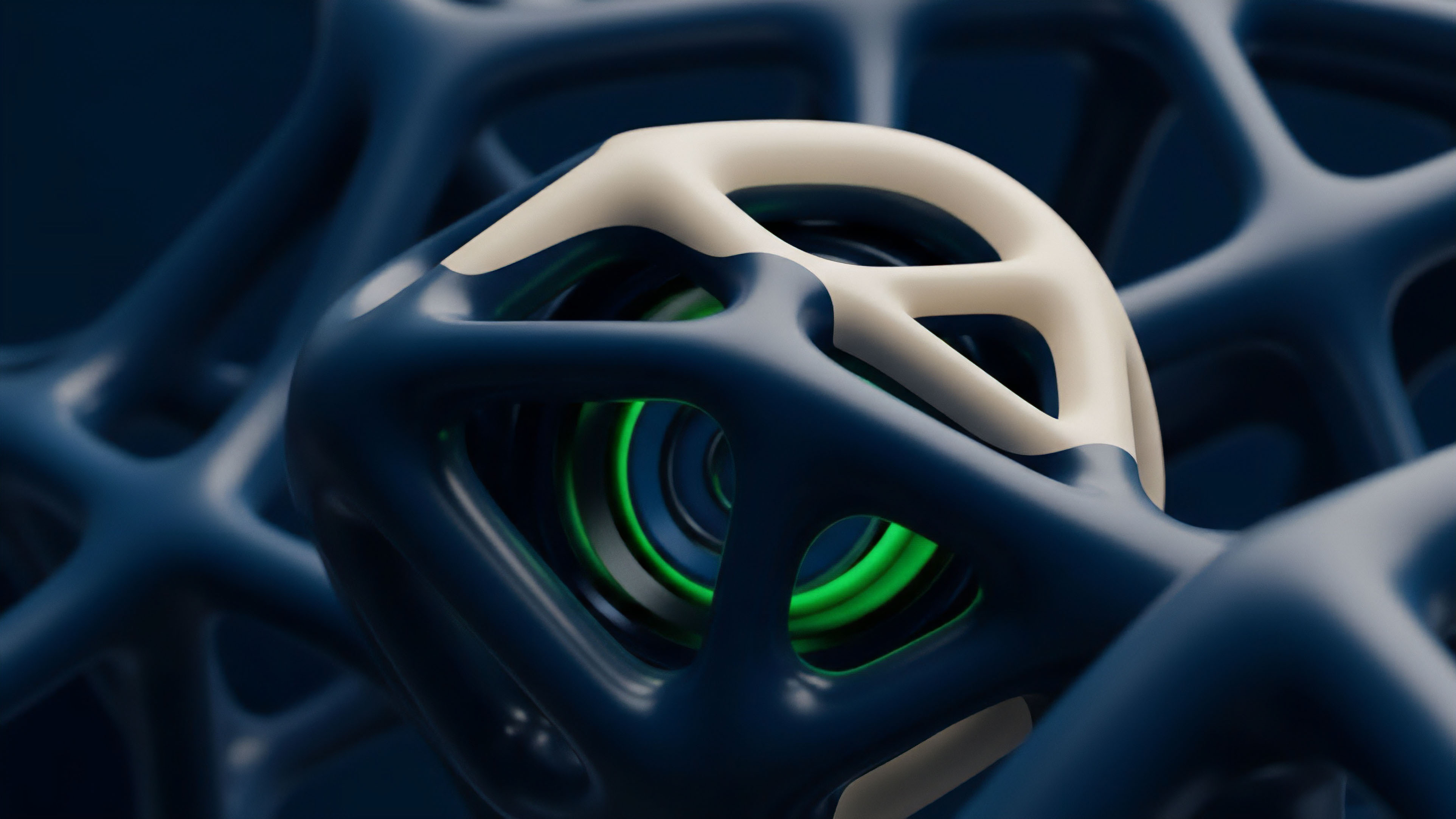 A conceptual visualization of a decentralized financial instrument's complex network topology. The intricate lattice structure represents interconnected derivative contracts within a Decentralized Autonomous Organization. A central core glows green, symbolizing a smart contract execution engine or a liquidity pool generating yield. The dual-color scheme illustrates distinct risk stratification layers. This complex structure represents a structured product where systemic risk exposure and collateralization ratio are dynamically managed through algorithmic trading protocols within the DeFi ecosystem.