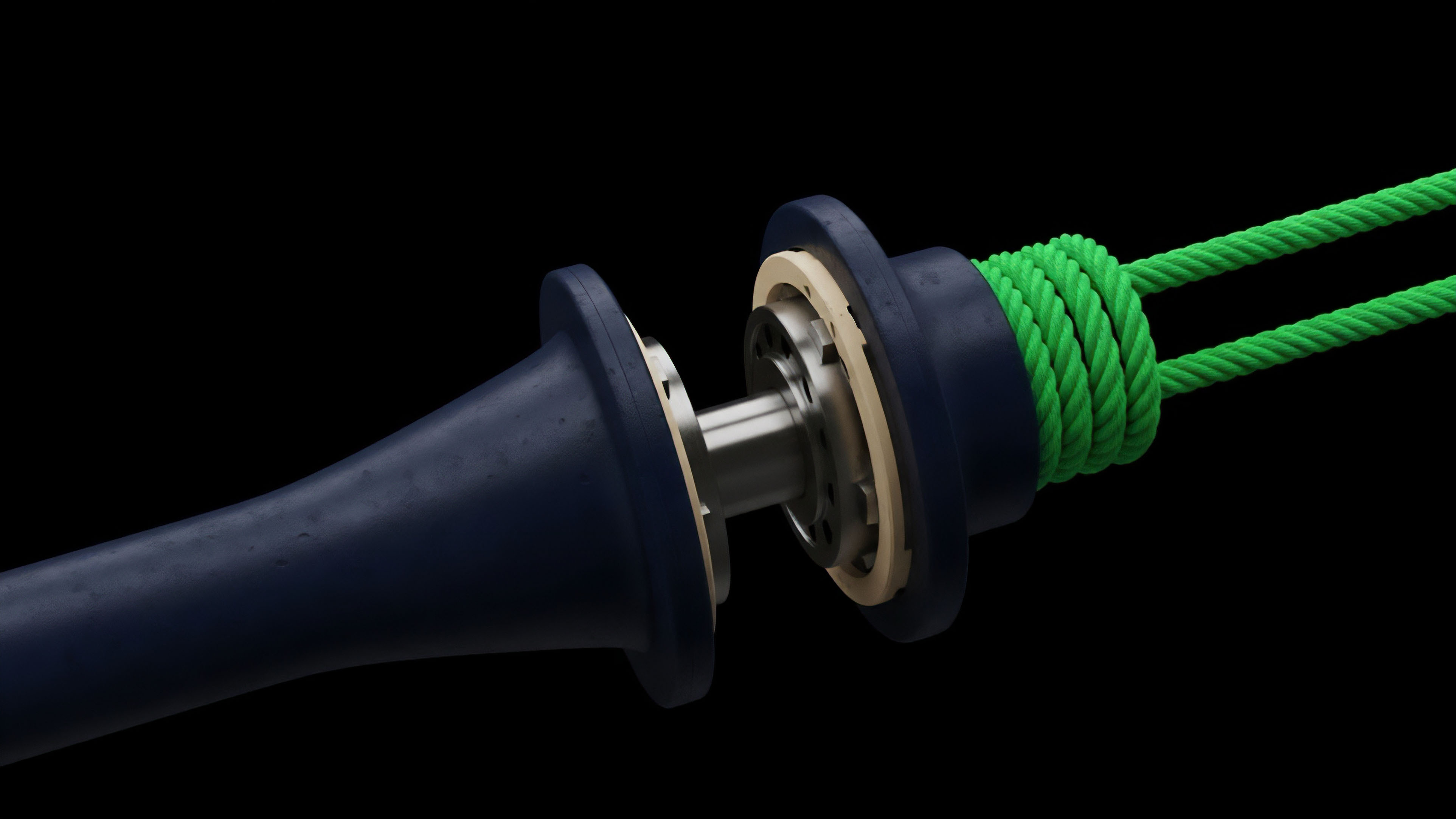 A detailed view of a potential interoperability mechanism, symbolizing the bridging of assets between different blockchain protocols. The dark blue structure represents a primary asset or network, while the vibrant green rope signifies collateralized assets bundled for a specific derivative instrument or liquidity provision within a decentralized exchange DEX. The central metallic joint represents the smart contract logic that governs the collateralization ratio and risk exposure, enabling tokenized debt positions CDPs and automated arbitrage mechanisms in yield farming.