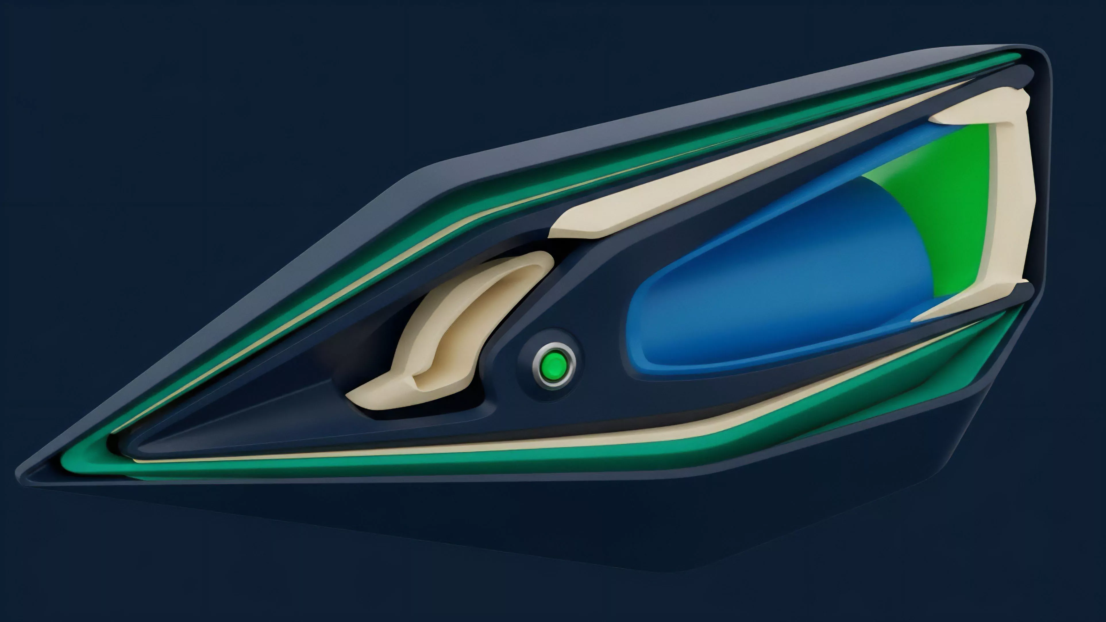 This abstract image features a layered, futuristic design with a sleek, aerodynamic shape. The internal components include a large blue section, a smaller green area, and structural supports in beige, all set against a dark blue background