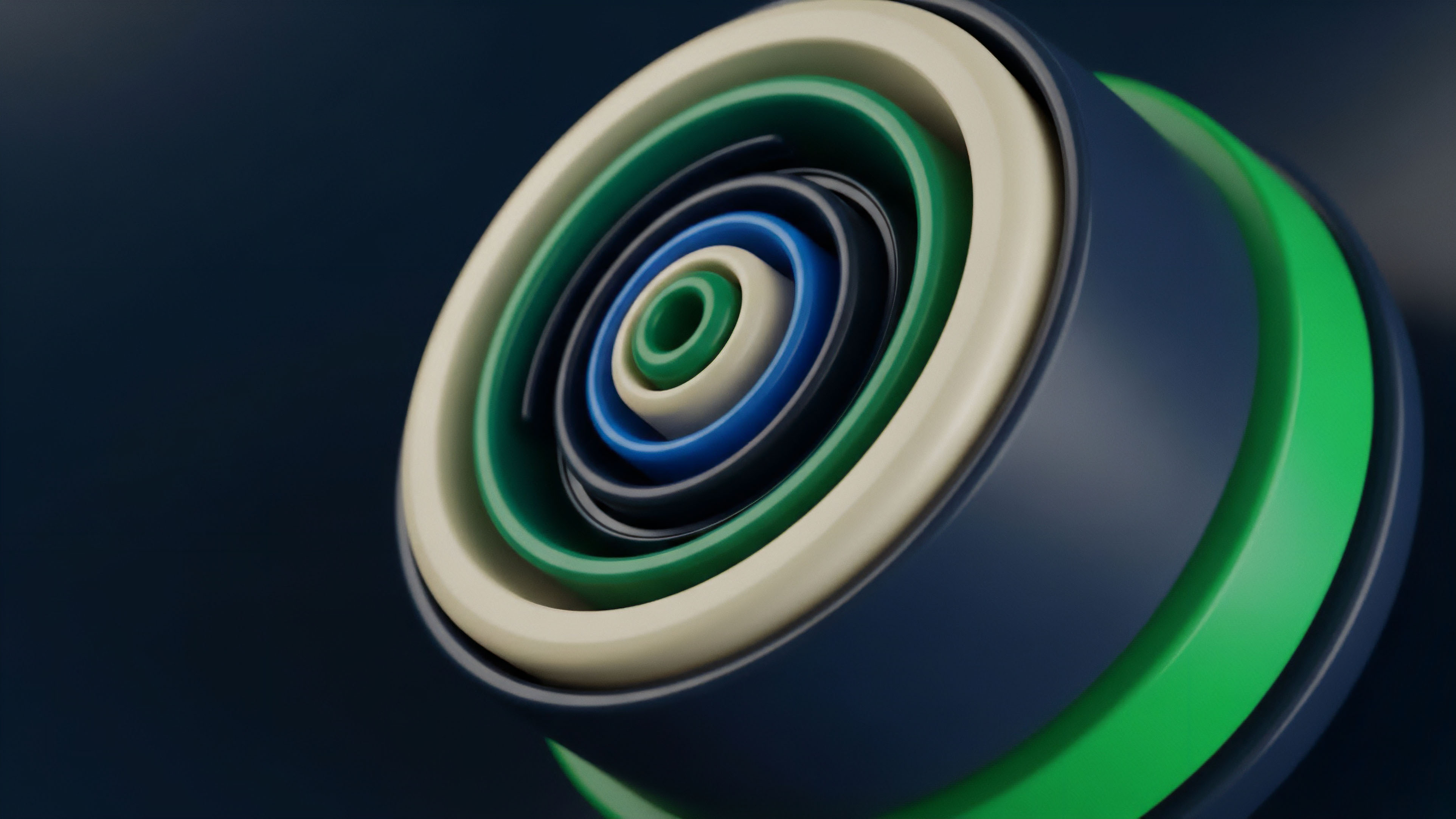 A detailed, abstract image shows a series of concentric, cylindrical rings in shades of dark blue, vibrant green, and cream, creating a visual sense of depth. The layers diminish in size towards the center, revealing a complex, nested structure