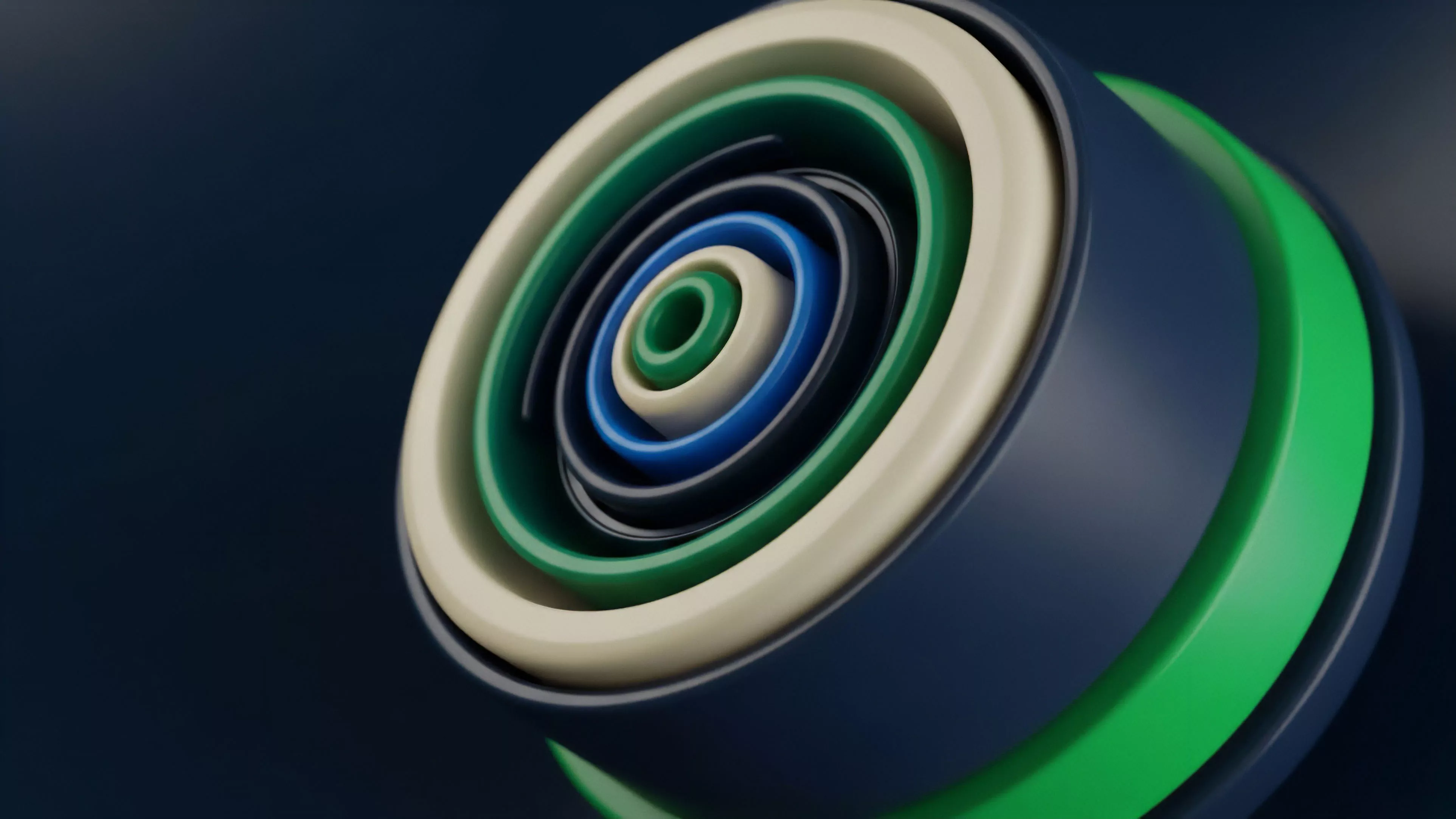 A detailed, abstract image shows a series of concentric, cylindrical rings in shades of dark blue, vibrant green, and cream, creating a visual sense of depth. The layers diminish in size towards the center, revealing a complex, nested structure