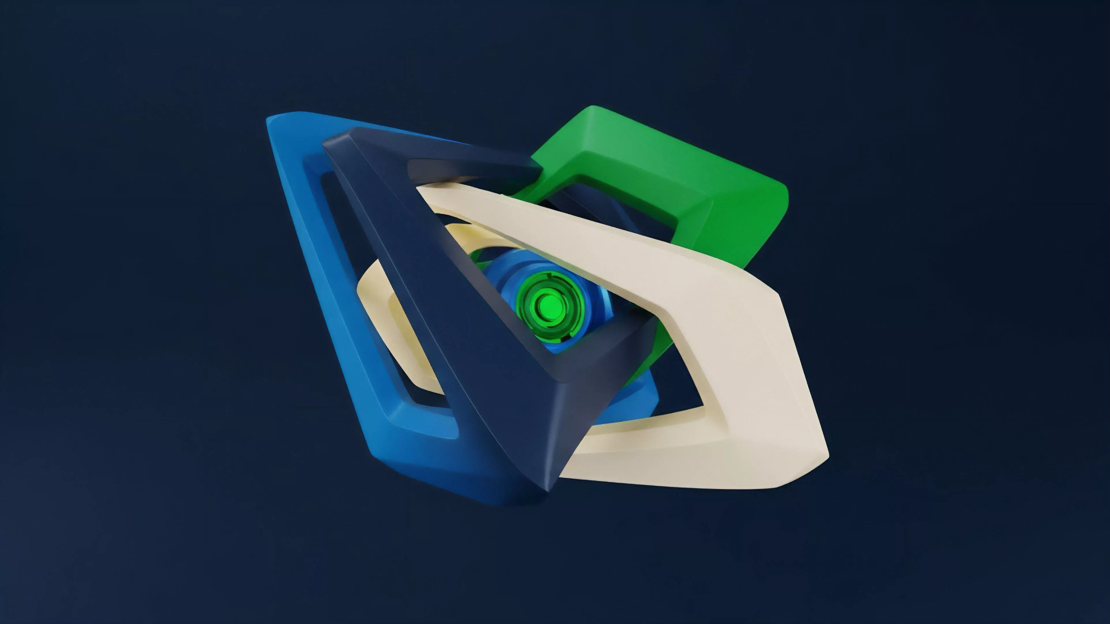 A detailed geometric rendering showcases a composite structure with nested frames in contrasting blue, green, and cream hues, centered around a glowing green core.