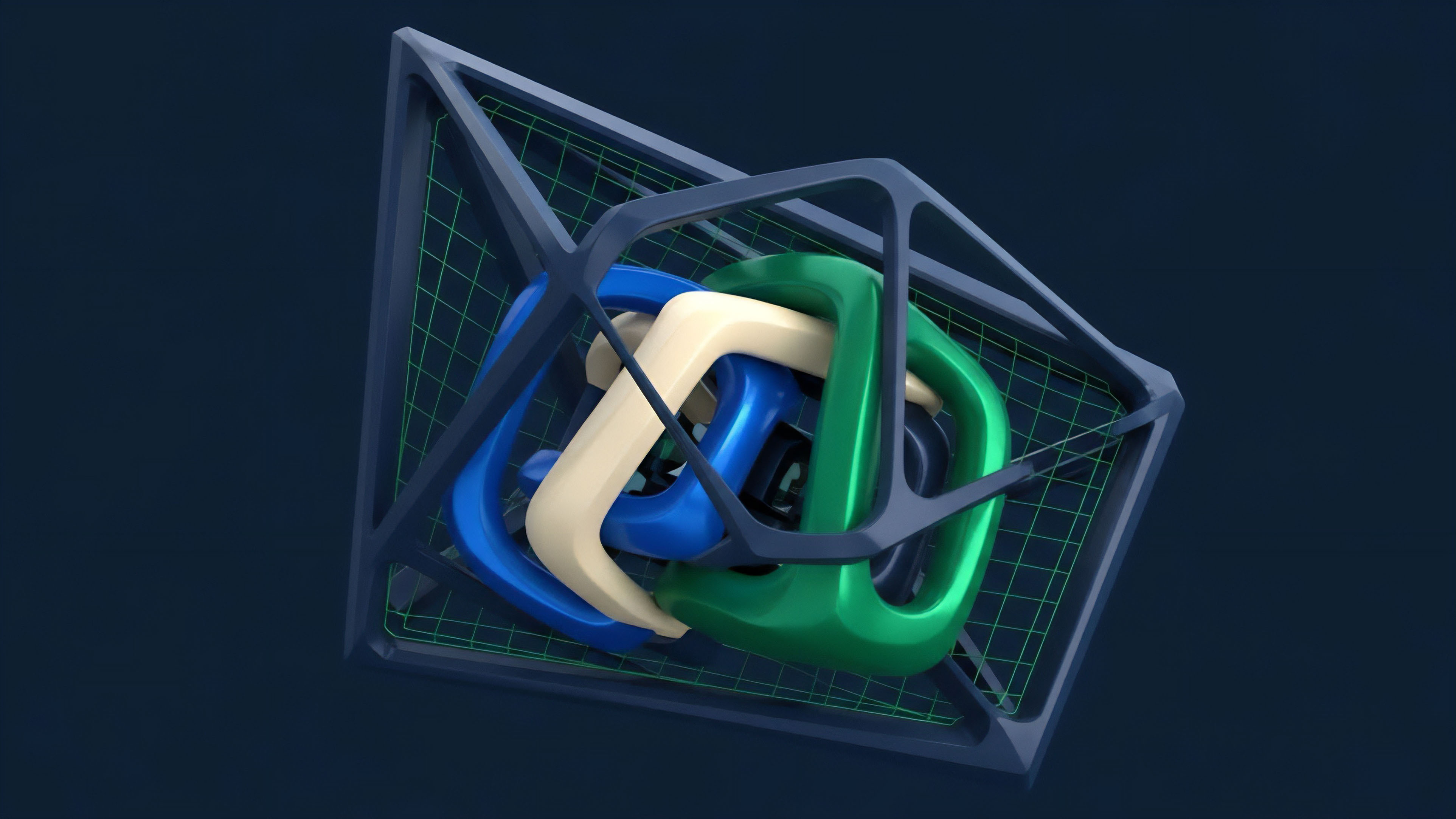 A detailed view of a complex digital structure features a dark, angular containment framework surrounding three distinct, flowing elements. The three inner elements, colored blue, off-white, and green, are intricately intertwined within the outer structure. This composition represents a multi-layered smart contract architecture where various financial instruments or digital assets interact within a secure protocol environment. The design symbolizes the tight coupling required for cross-chain interoperability and illustrates the complex mechanics of collateralization and liquidity provision within a decentralized finance ecosystem.