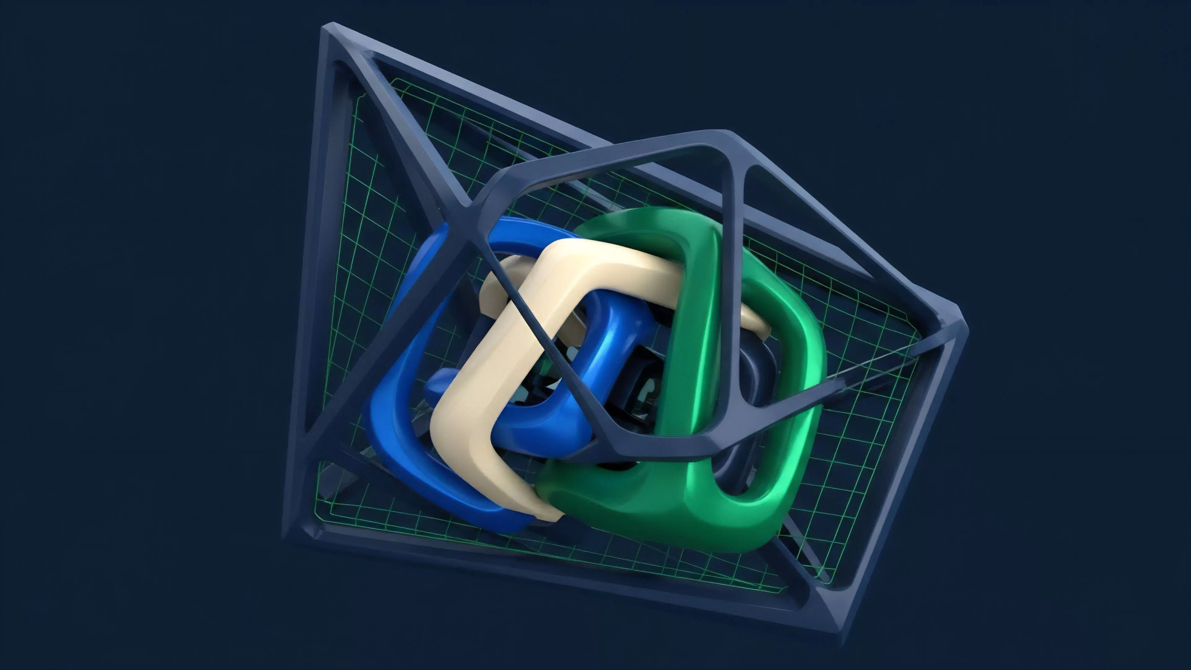 A detailed view of a complex digital structure features a dark, angular containment framework surrounding three distinct, flowing elements. The three inner elements, colored blue, off-white, and green, are intricately intertwined within the outer structure. This composition represents a multi-layered smart contract architecture where various financial instruments or digital assets interact within a secure protocol environment. The design symbolizes the tight coupling required for cross-chain interoperability and illustrates the complex mechanics of collateralization and liquidity provision within a decentralized finance ecosystem.