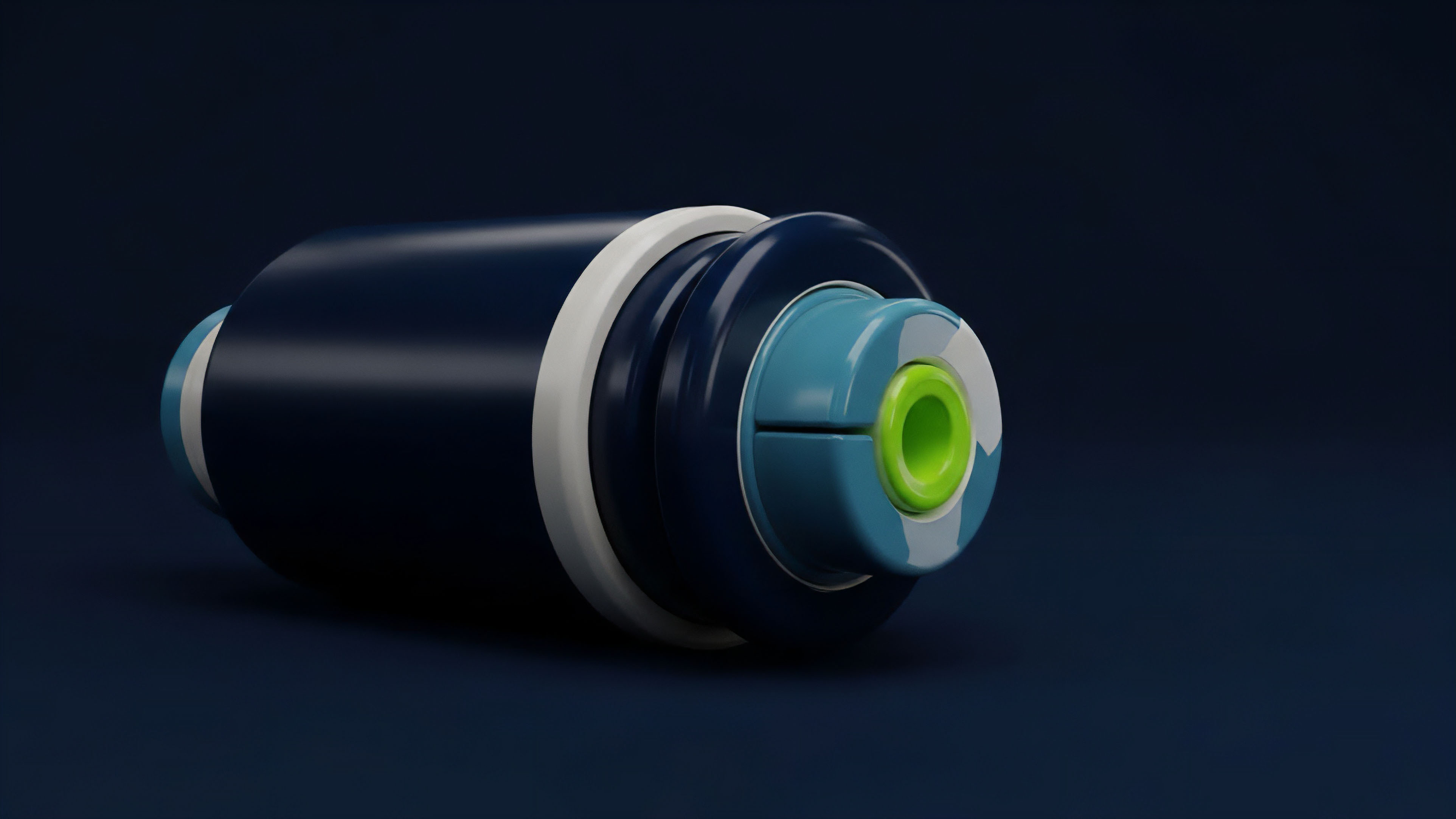 A highly detailed 3D render of a cylindrical object composed of multiple concentric layers. The main body is dark blue, with a bright white ring and a light blue end cap featuring a bright green inner core