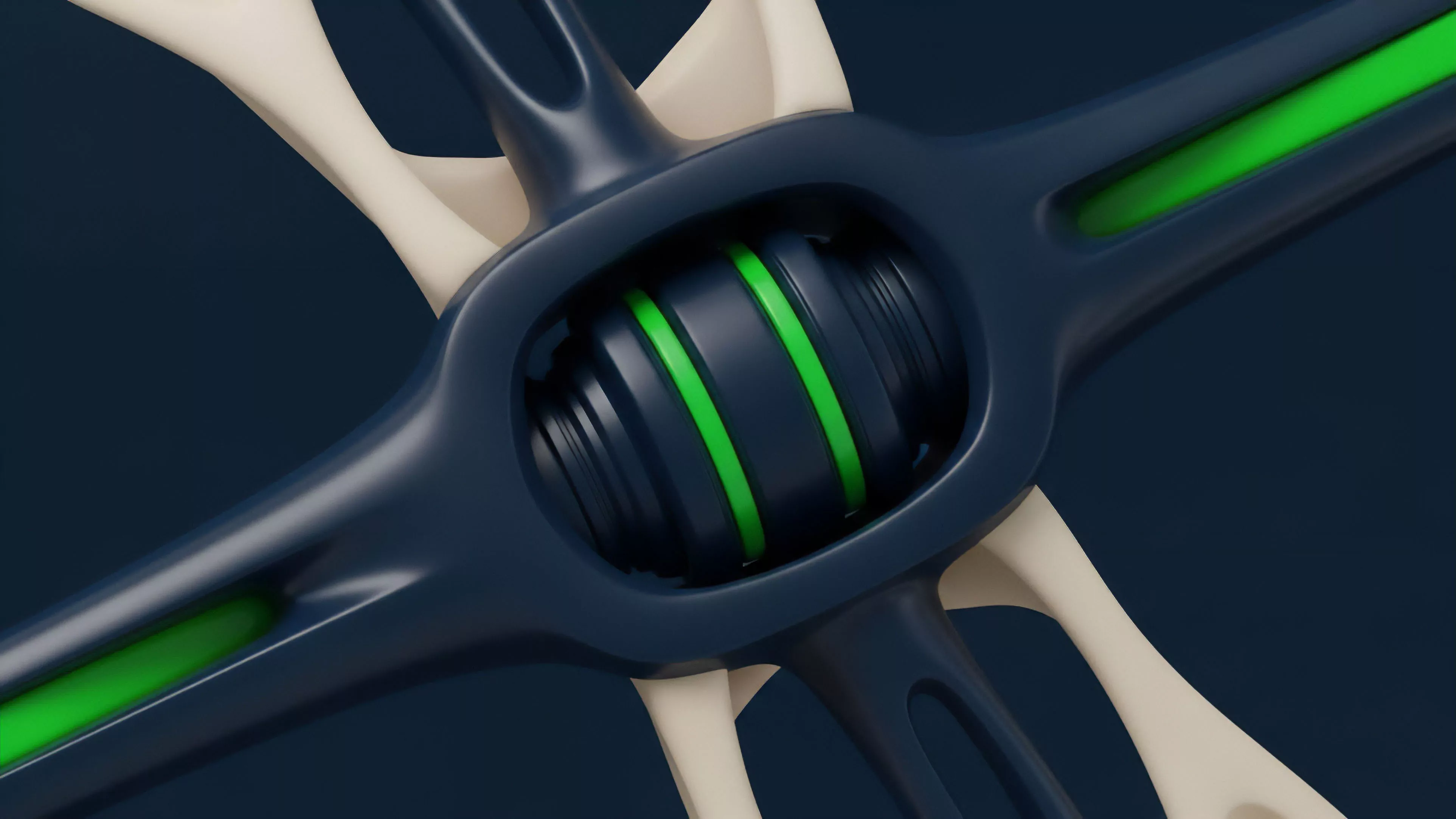 A close-up view presents a futuristic structural mechanism featuring a dark blue frame. At its core, a cylindrical element with two bright green bands is visible, suggesting a dynamic, high-tech joint or processing unit