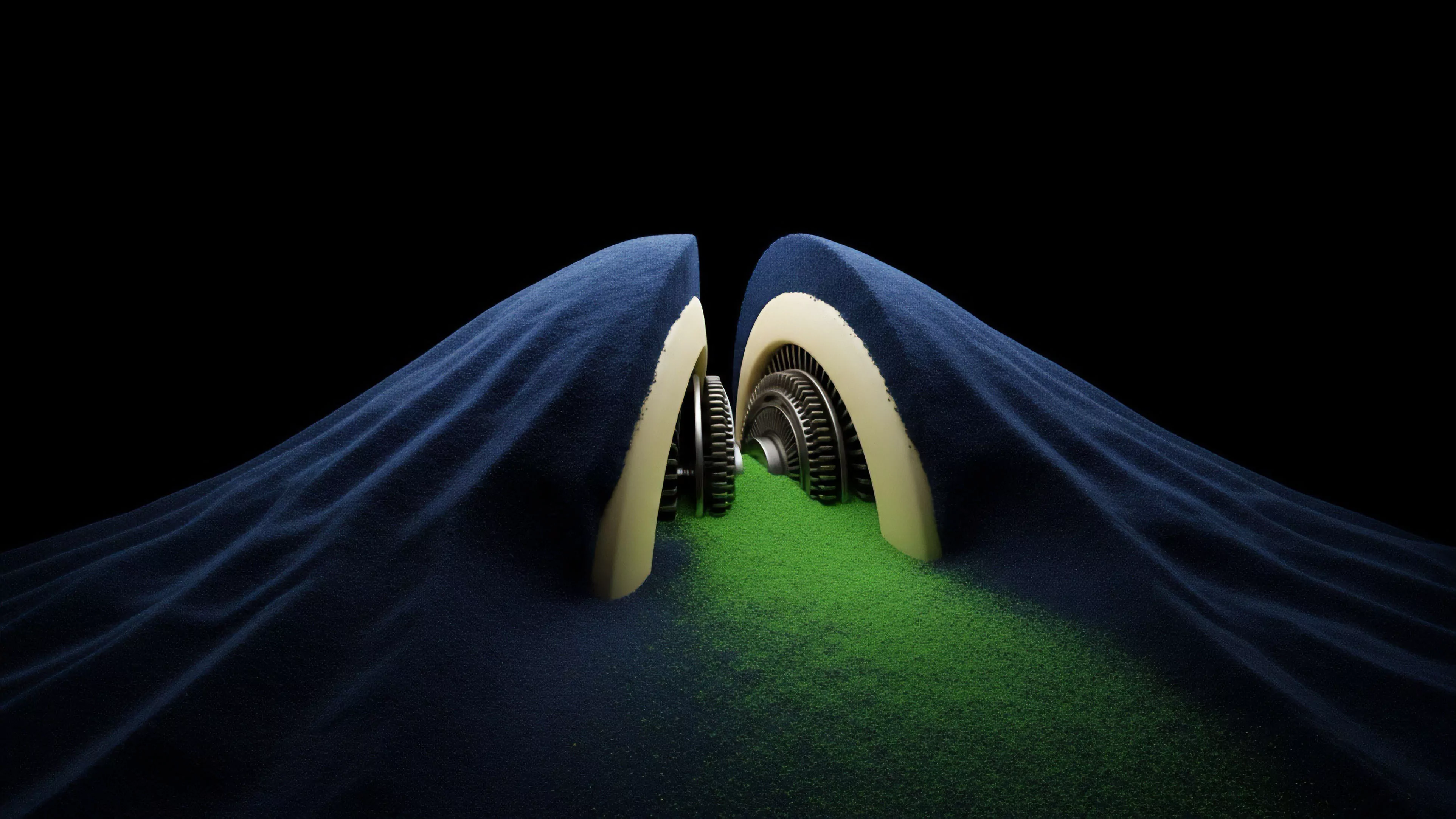 A visual metaphor for financial engineering where dark blue market liquidity flows toward two arched mechanical structures.