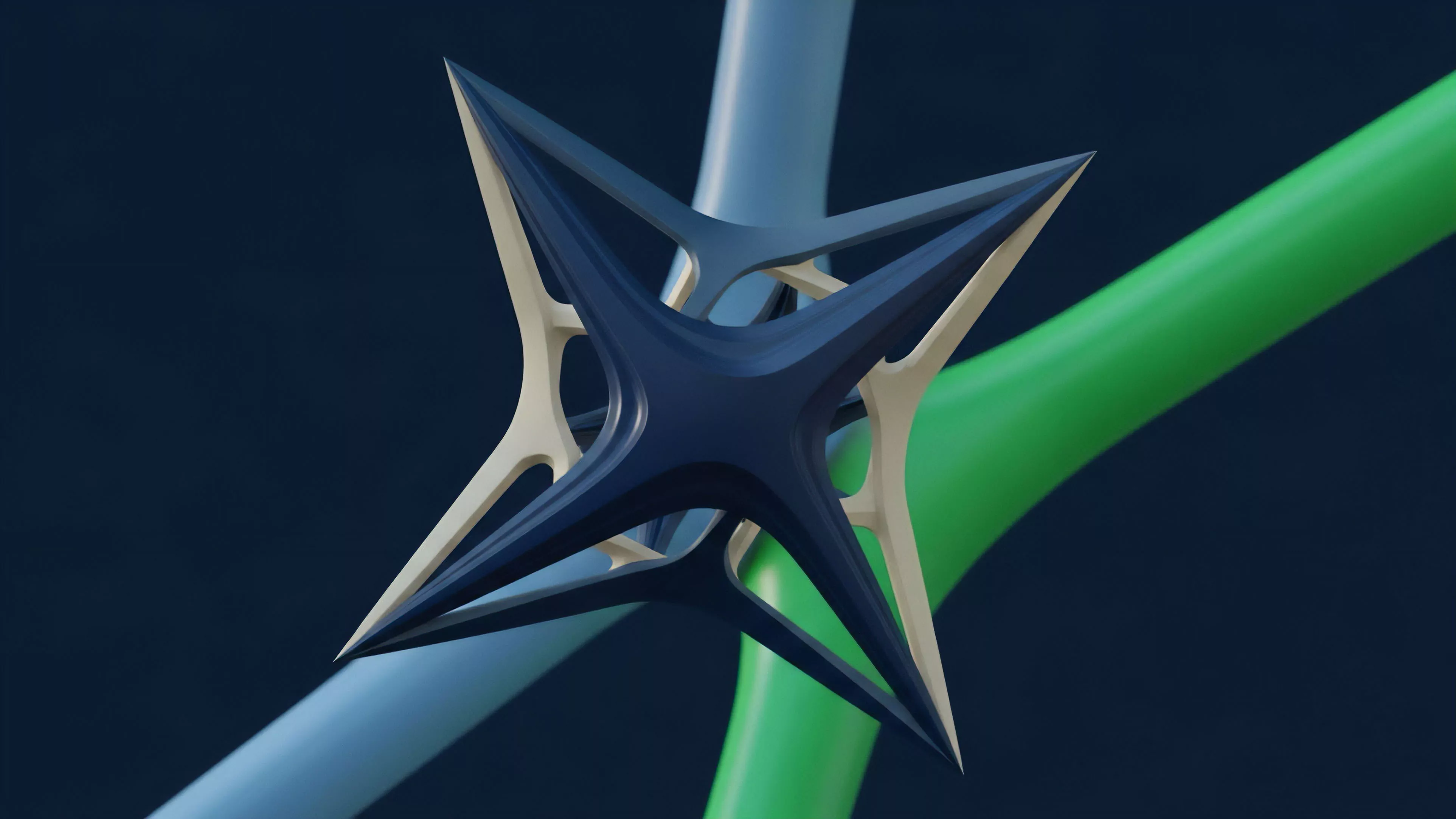 A stylized, four-pointed abstract construct featuring interlocking dark blue and light beige layers.