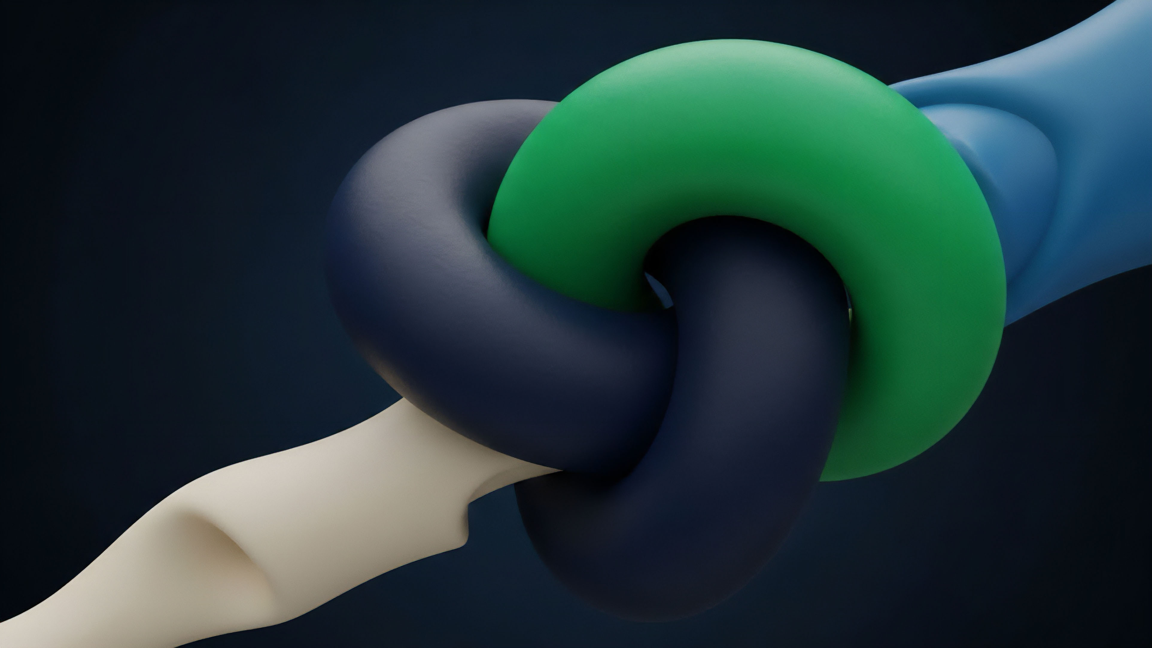 A visual representation of three intertwined, tubular shapes—green, dark blue, and light cream—captures the intricate web of smart contract composability in decentralized finance DeFi. The tight entanglement illustrates cross-asset correlation and complex financial derivatives, where multiple assets are bundled in liquidity pools and automated market makers AMMs. This structure highlights the interdependence of protocol interactions and the potential for contagion risk, where a change in one asset's value can trigger cascading effects across the ecosystem.