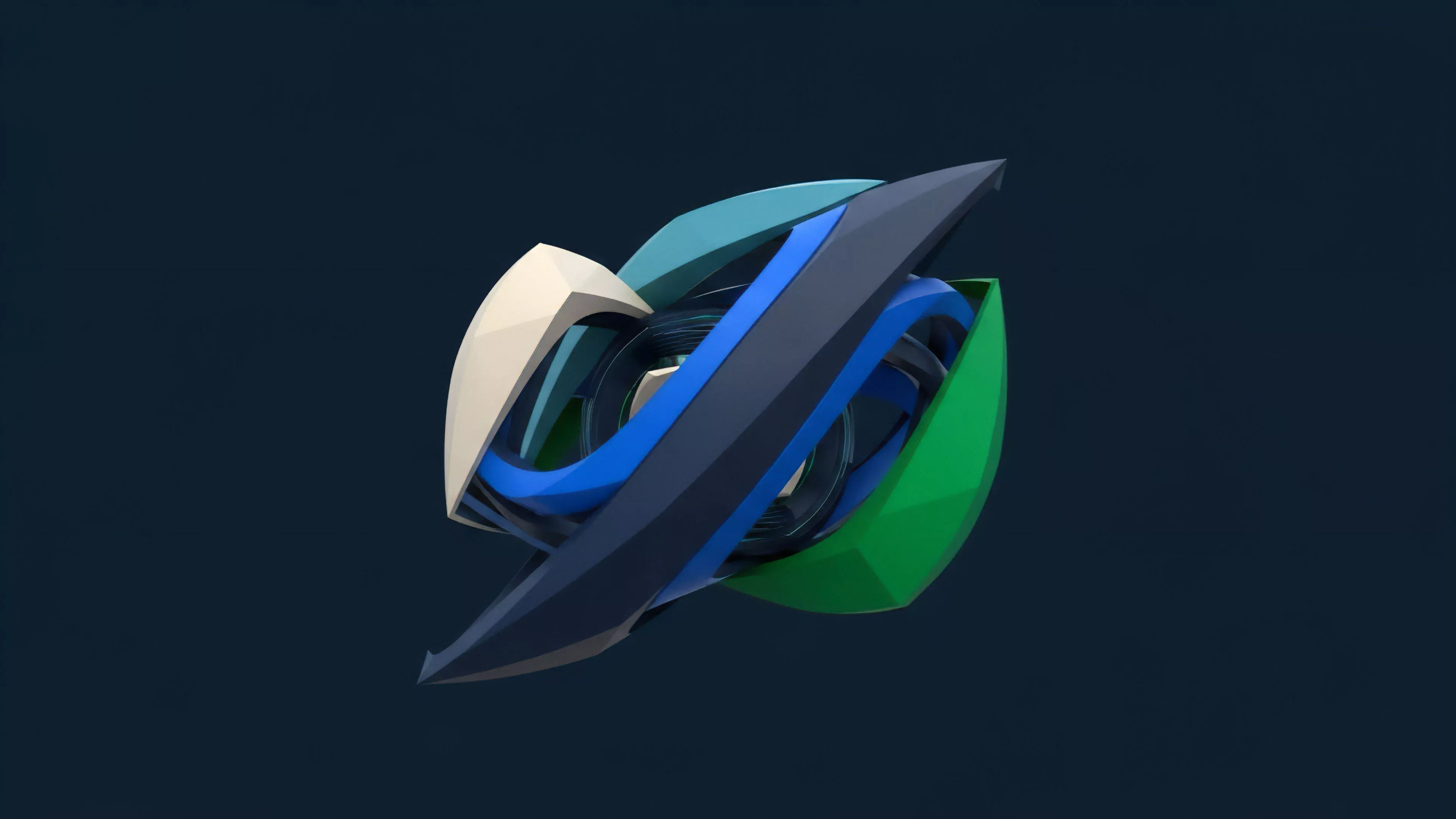 An abstract 3D geometric form composed of dark blue, light blue, green, and beige segments intertwines against a dark blue background. The layered structure creates a sense of dynamic motion and complex integration between components