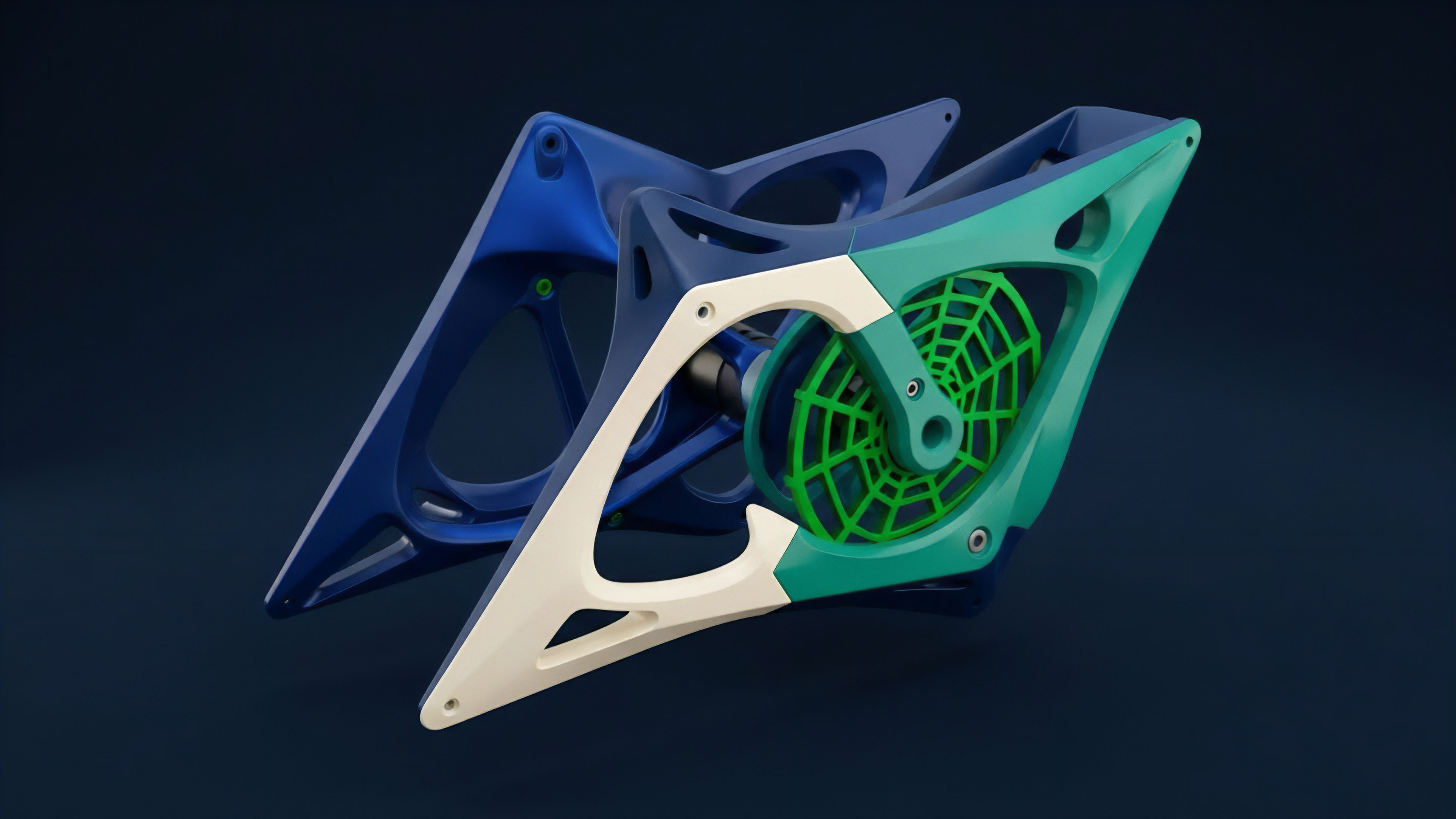 A futuristic, multi-layered structural object in blue, teal, and cream colors, visualizing a sophisticated decentralized finance protocol. The interlocking components represent smart contract composability within a Layer-2 scalability solution. The internal green web-like mechanism symbolizes an automated market maker AMM for algorithmic execution and liquidity provision. The intricate structure illustrates the complexity of risk-adjusted returns in options trading, highlighting dynamic pricing models and collateral management logic for structured products within the DeFi ecosystem.