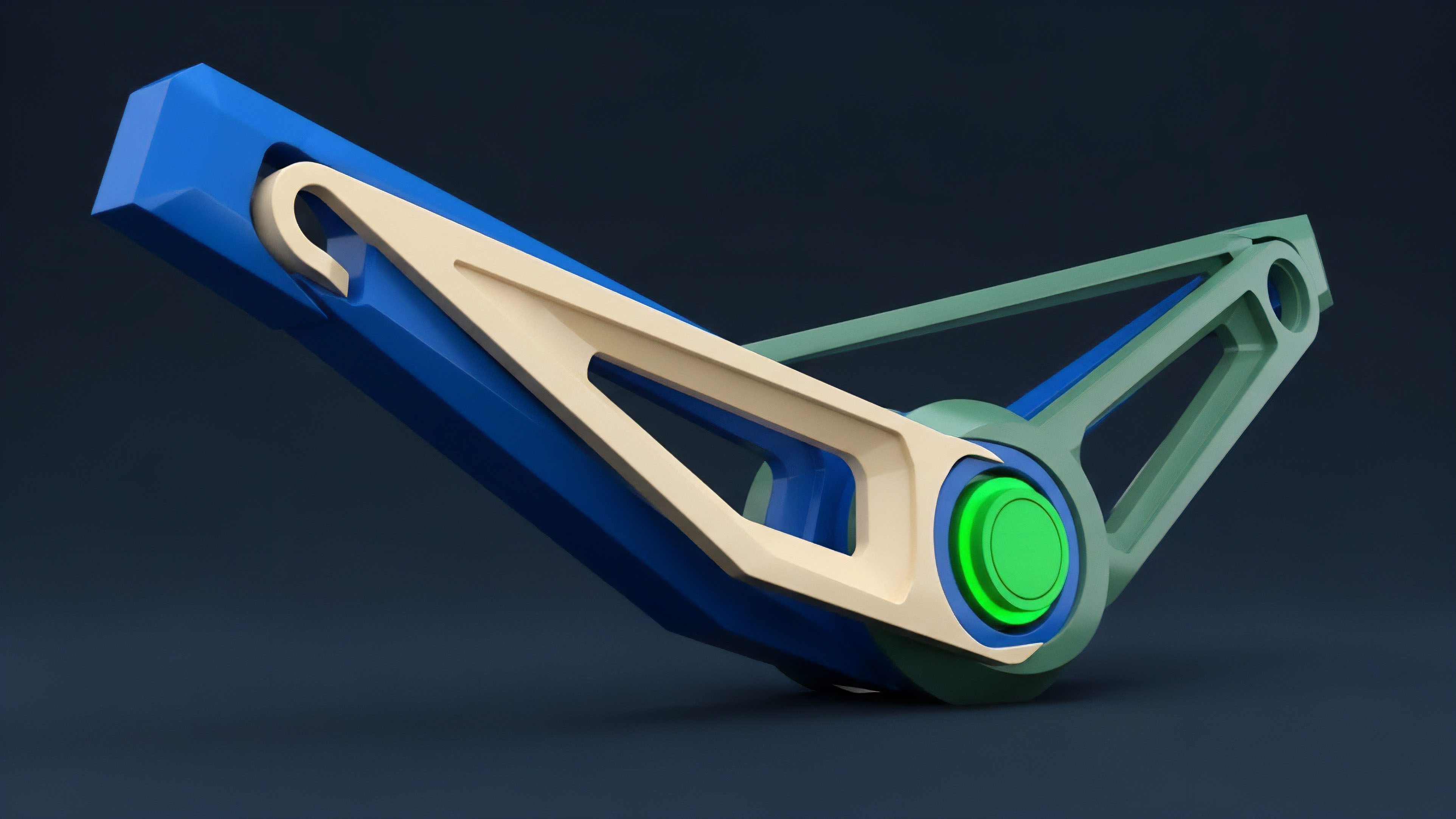 A stylized mechanical linkage representing a non-linear payoff structure in complex financial derivatives. The large blue component serves as the underlying collateral base, while the beige lever, featuring a distinct hook, represents a synthetic asset or options position with specific conditional settlement requirements. The green components act as a decentralized clearing mechanism, illustrating dynamic leverage adjustments and the management of counterparty risk in perpetual futures markets. This model visualizes algorithmic strategies and liquidity provisioning mechanisms in DeFi.