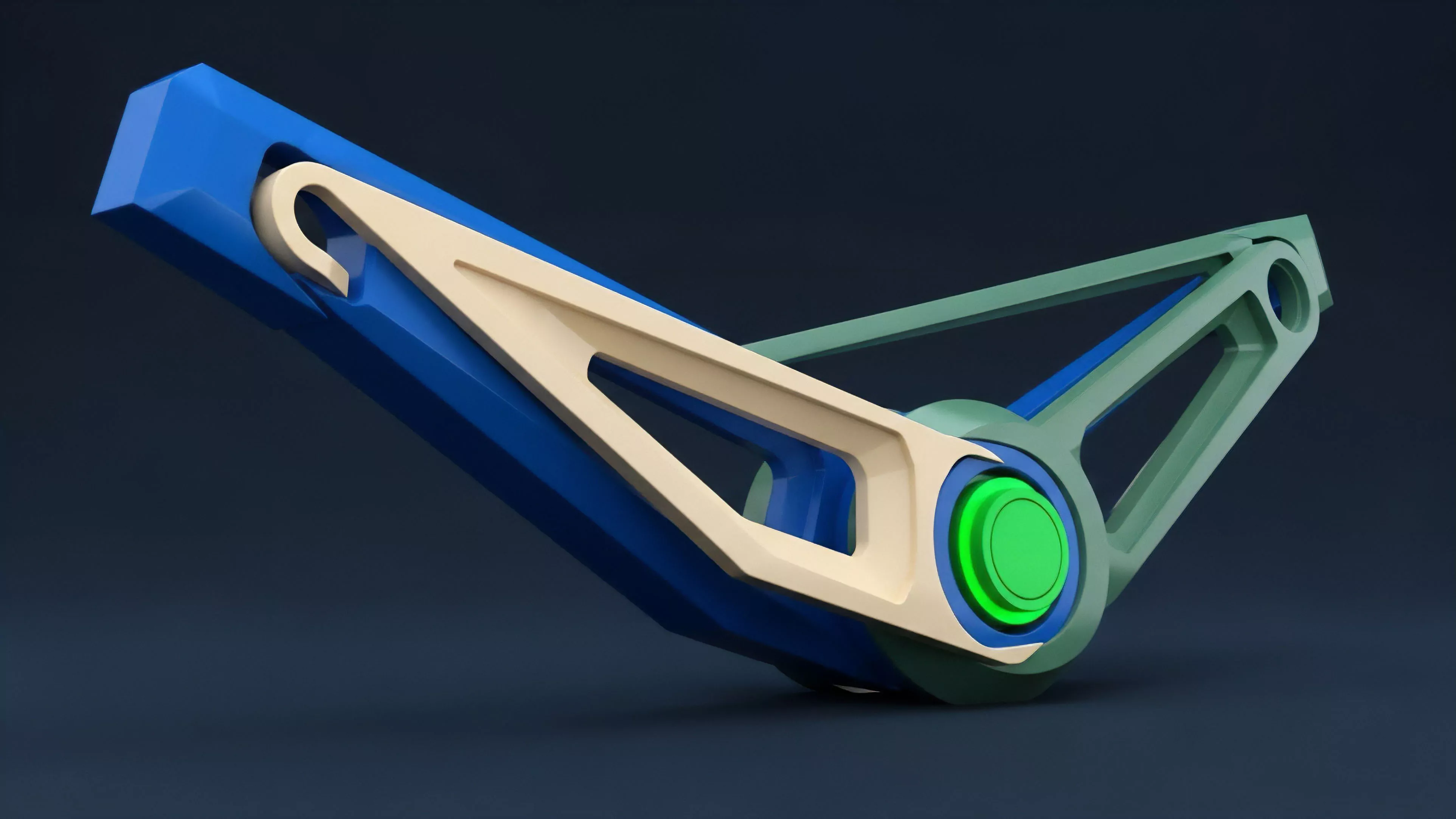 A stylized mechanical linkage representing a non-linear payoff structure in complex financial derivatives. The large blue component serves as the underlying collateral base, while the beige lever, featuring a distinct hook, represents a synthetic asset or options position with specific conditional settlement requirements. The green components act as a decentralized clearing mechanism, illustrating dynamic leverage adjustments and the management of counterparty risk in perpetual futures markets. This model visualizes algorithmic strategies and liquidity provisioning mechanisms in DeFi.