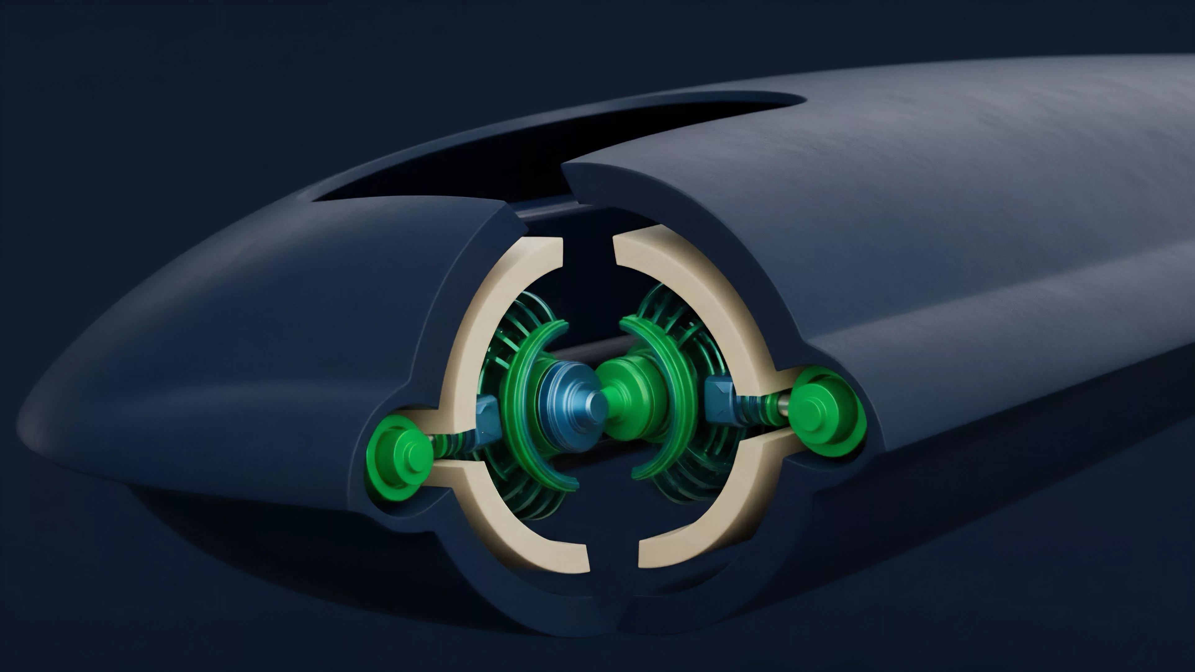 A cutaway view reveals the internal machinery of a streamlined, dark blue, high-velocity object. The central core consists of intricate green and blue components, suggesting a complex engine or power transmission system, encased within a beige inner structure