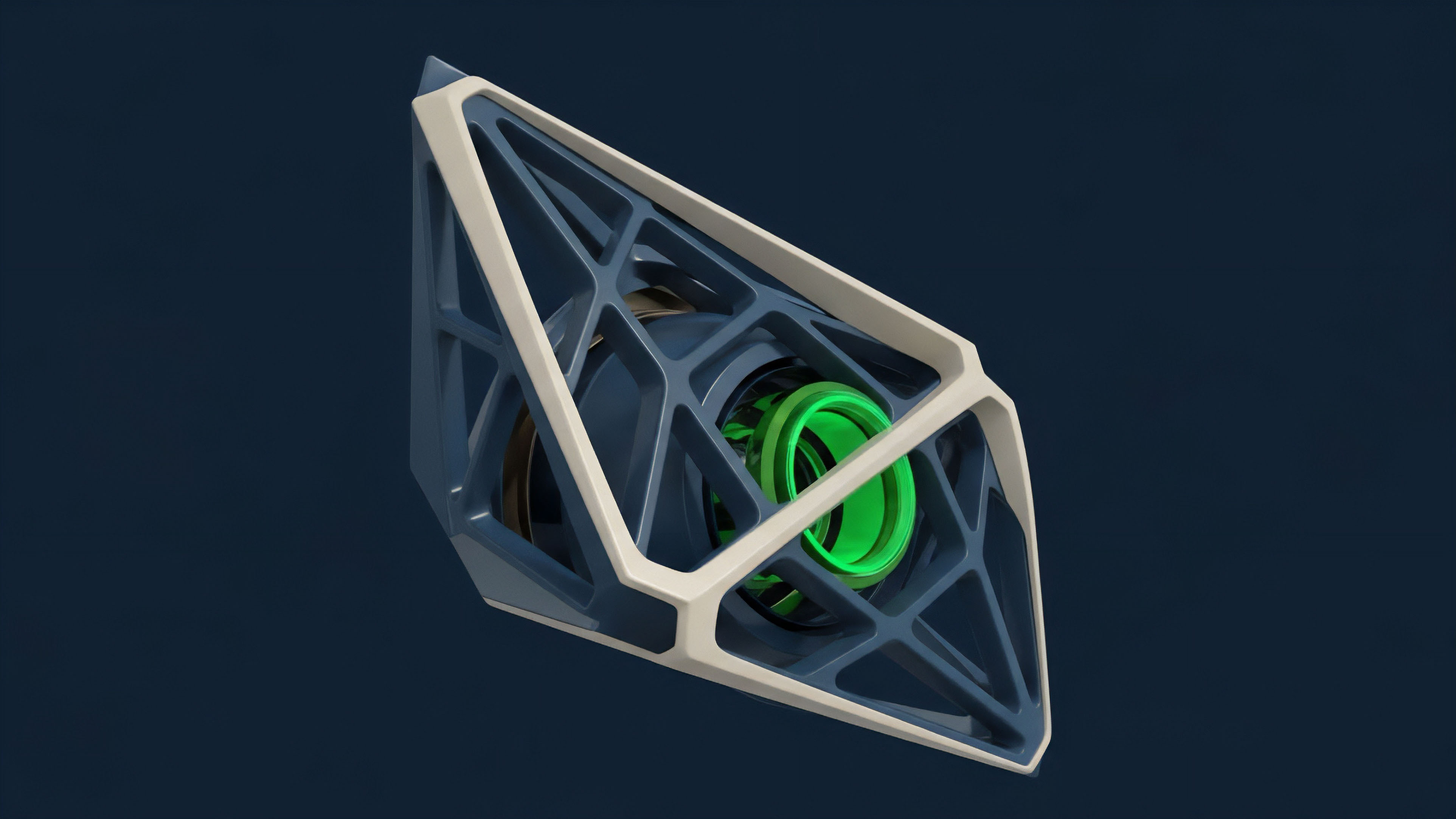 The image displays a futuristic, angular structure featuring a geometric, white lattice frame surrounding a dark blue internal mechanism. A vibrant, neon green ring glows from within the structure, suggesting a core of energy or data processing at its center