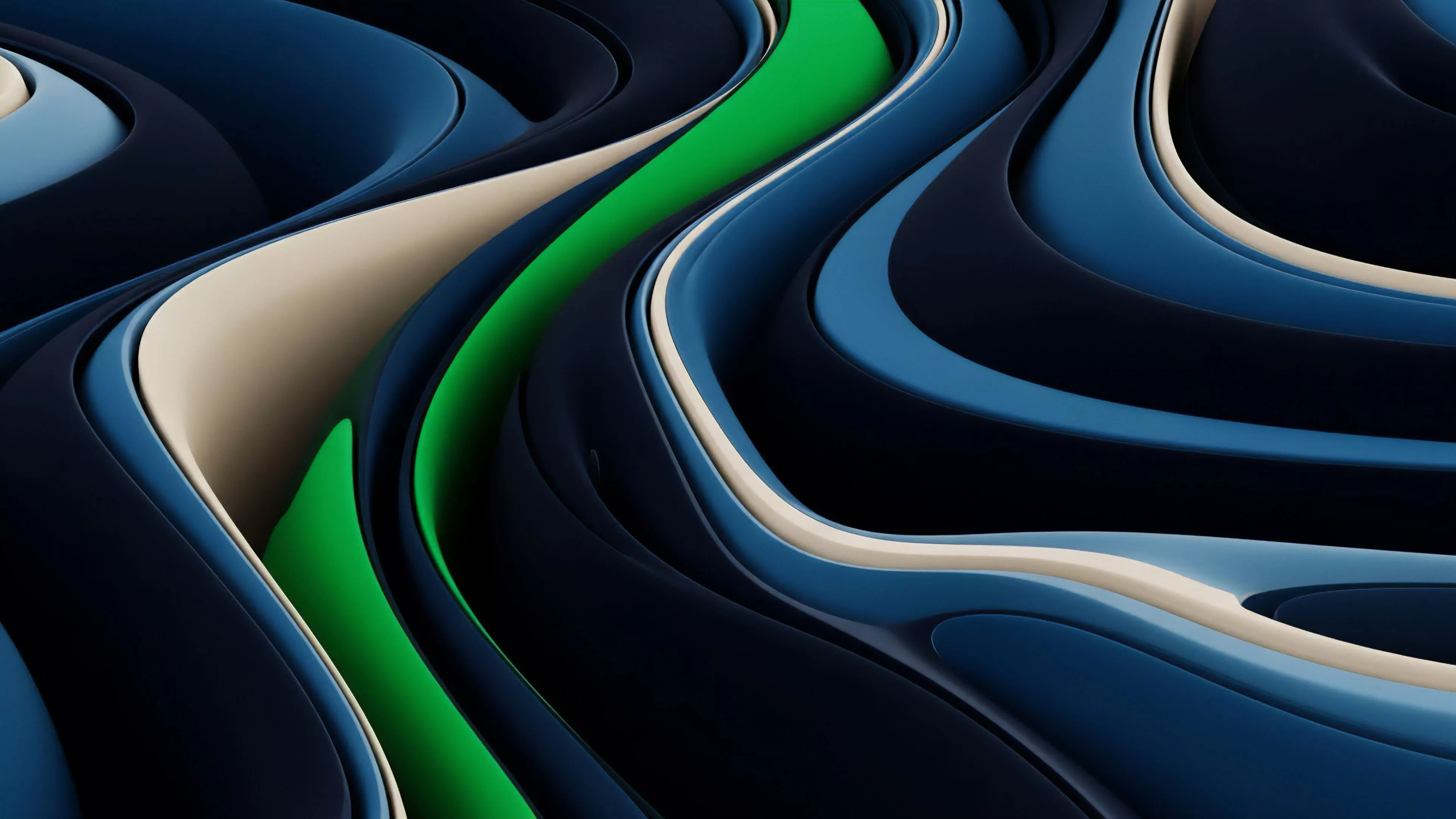 The image depicts undulating, multi-layered forms in deep blue and black, interspersed with beige and a striking green channel. These layers metaphorically represent complex market structures and financial derivatives. The prominent green channel symbolizes high-yield generation through leveraged strategies or arbitrage opportunities, contrasting with the darker background representing baseline liquidity pools. The flowing composition illustrates dynamic changes in implied volatility and price action across different tranches of structured products. This visualizes the complex interplay of risk factors and collateral requirements in a decentralized autonomous organization DAO or options market, focusing on alpha generation.