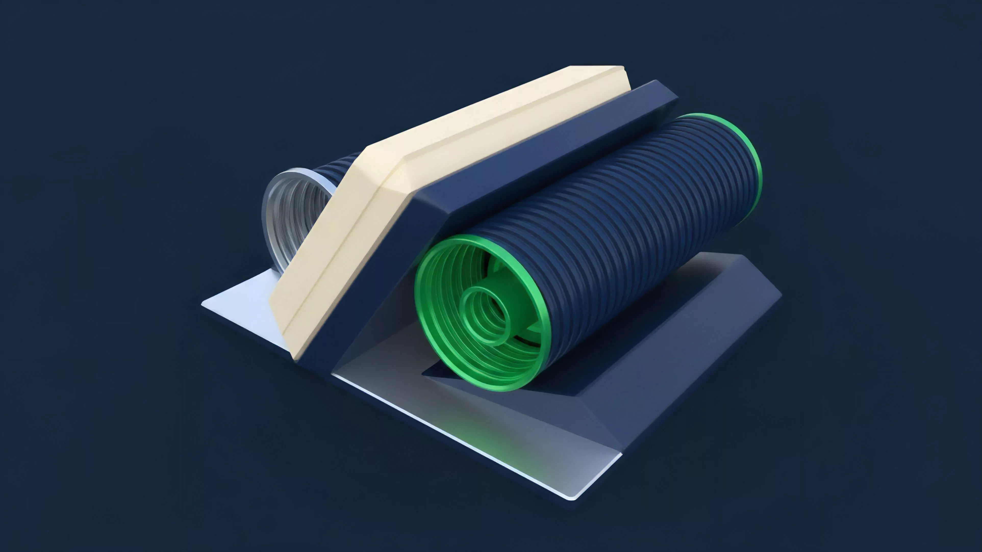 An abstract 3D render displays a dark blue corrugated cylinder nestled between geometric blocks, resting on a flat base. The cylinder features a bright green interior core