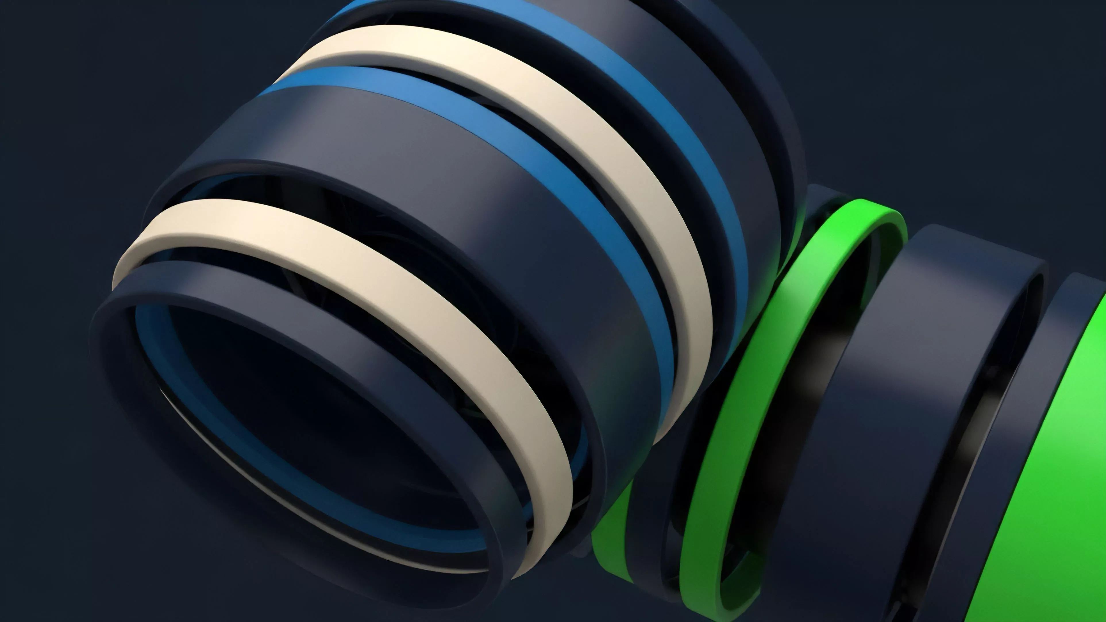 The image displays an abstract formation of intertwined, flowing bands in varying shades of dark blue, light beige, bright blue, and vibrant green against a dark background. The bands loop and connect, suggesting movement and layering