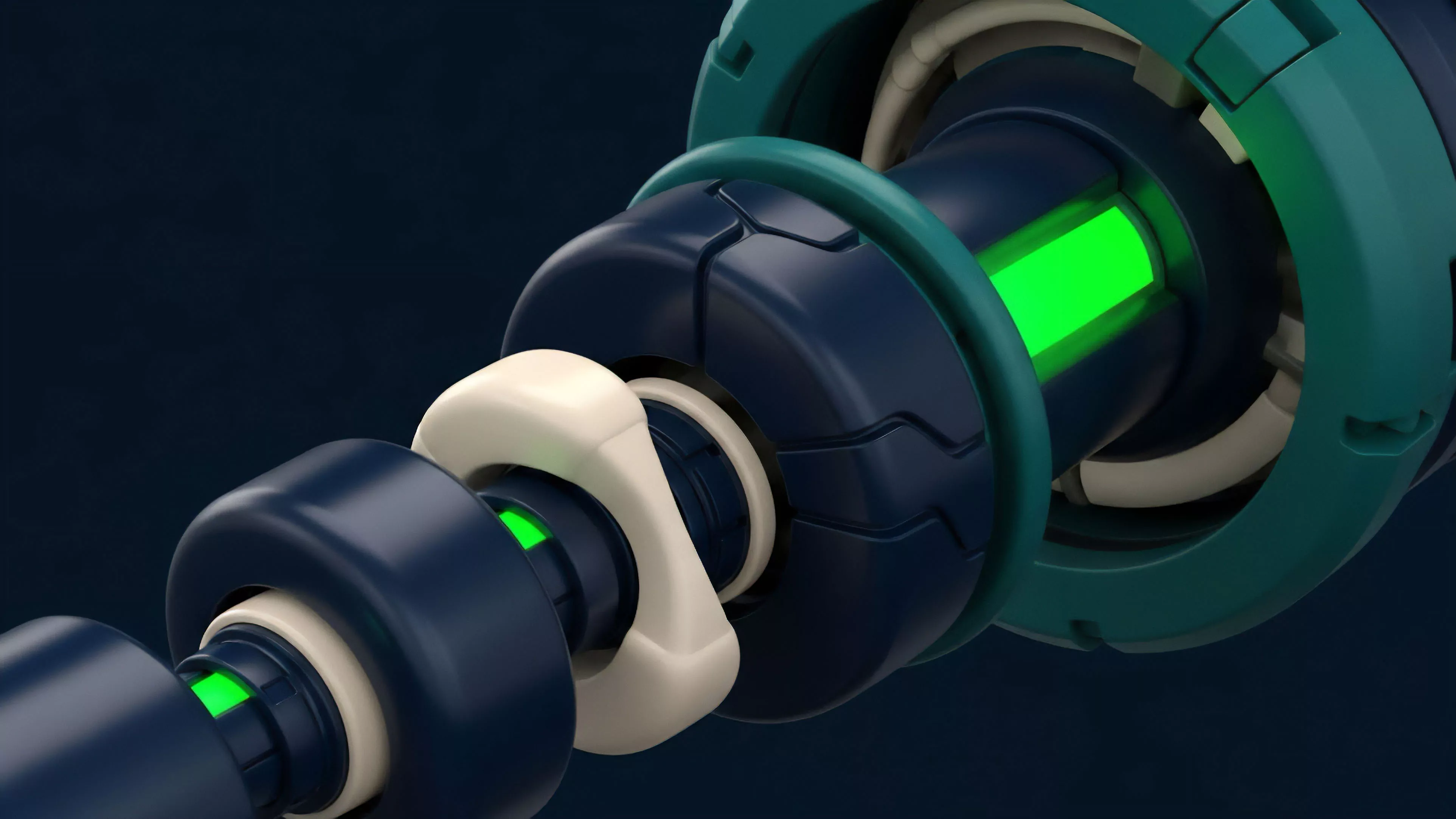 A macro close-up captures a futuristic mechanical joint and cylindrical structure against a dark blue background. The core features a glowing green light, indicating an active state or energy flow within the complex mechanism